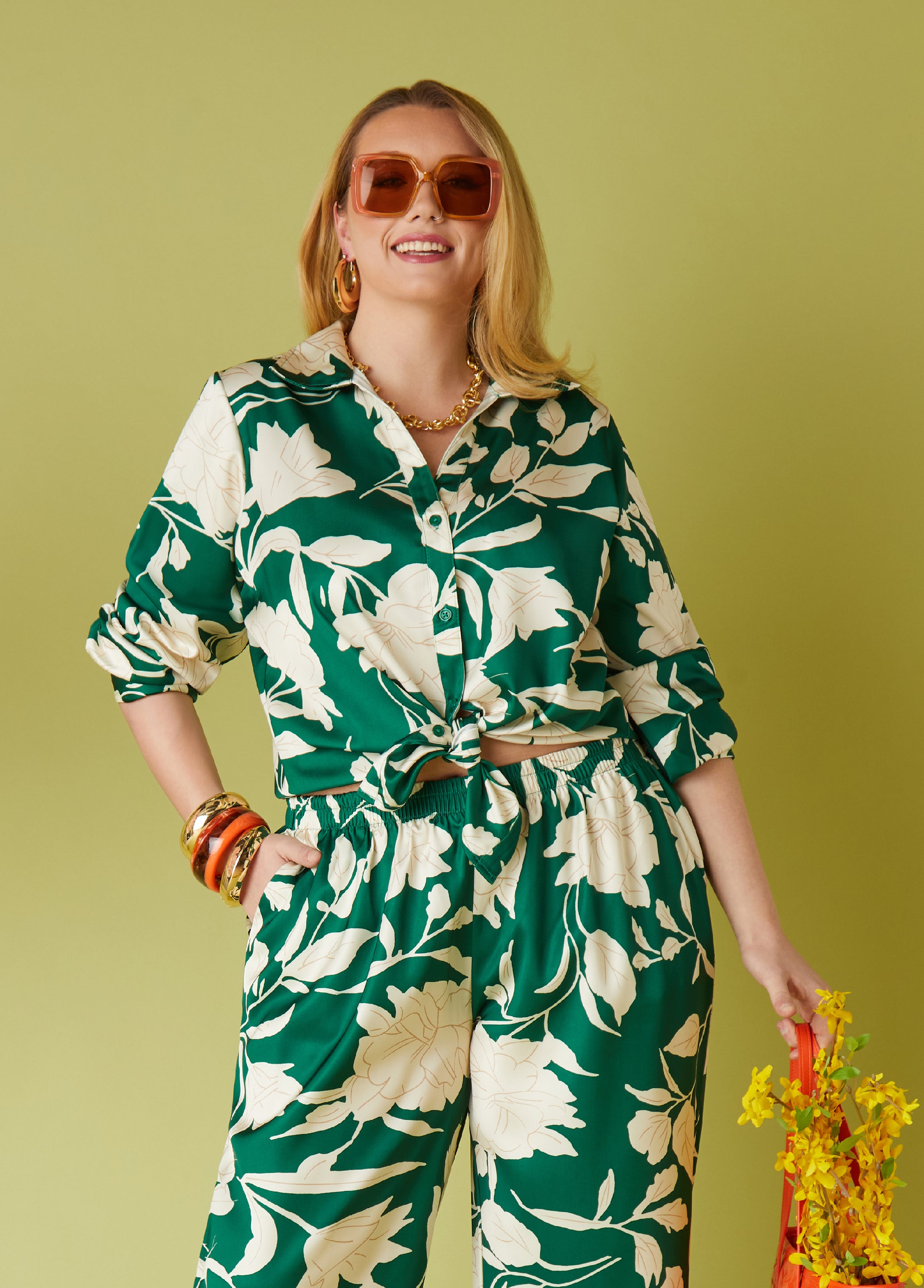 Plus Size Floral Satin Shirt Plus Size Vacation Fashion Matching Set