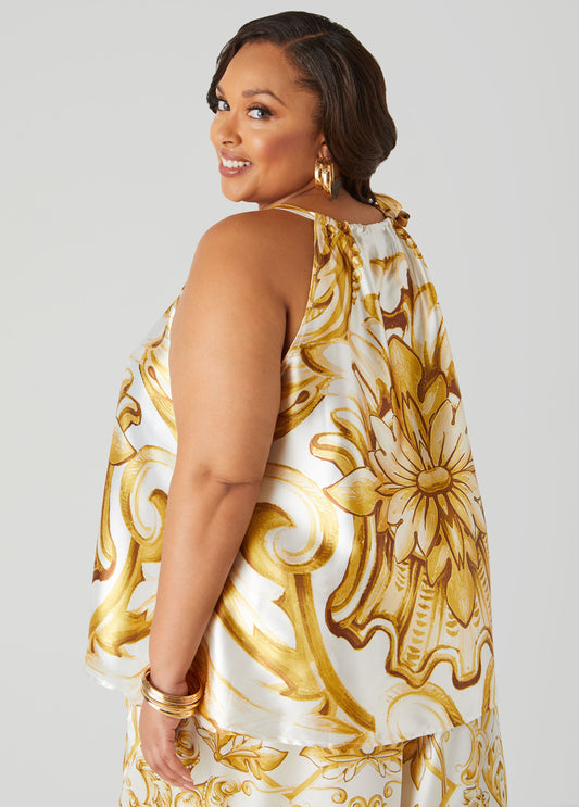 Tie Neck Baroque Print Top
