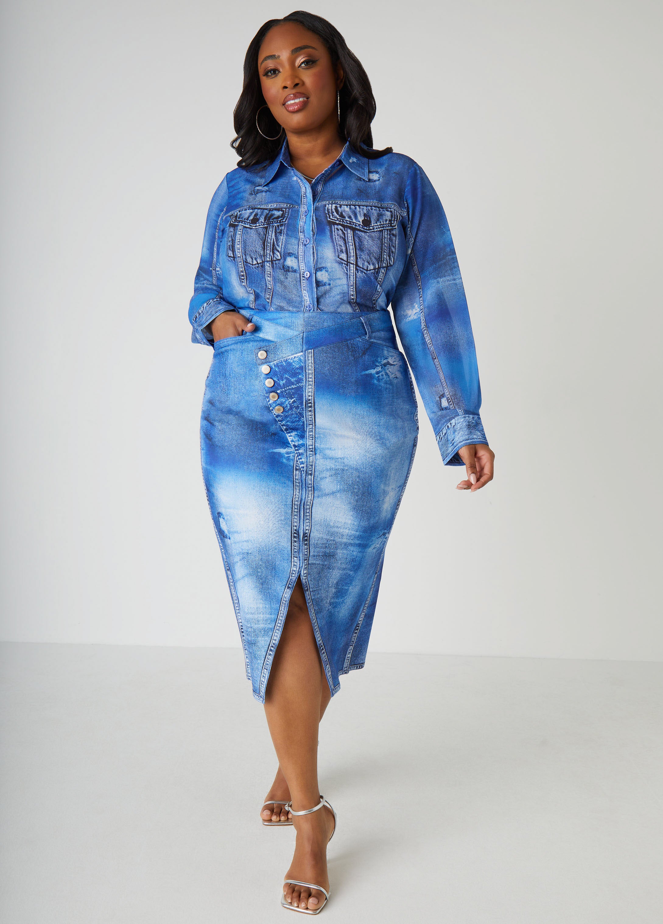 Plus Size Denim Shirt Plus Size Collared Shirt Plus Size Fashion Set