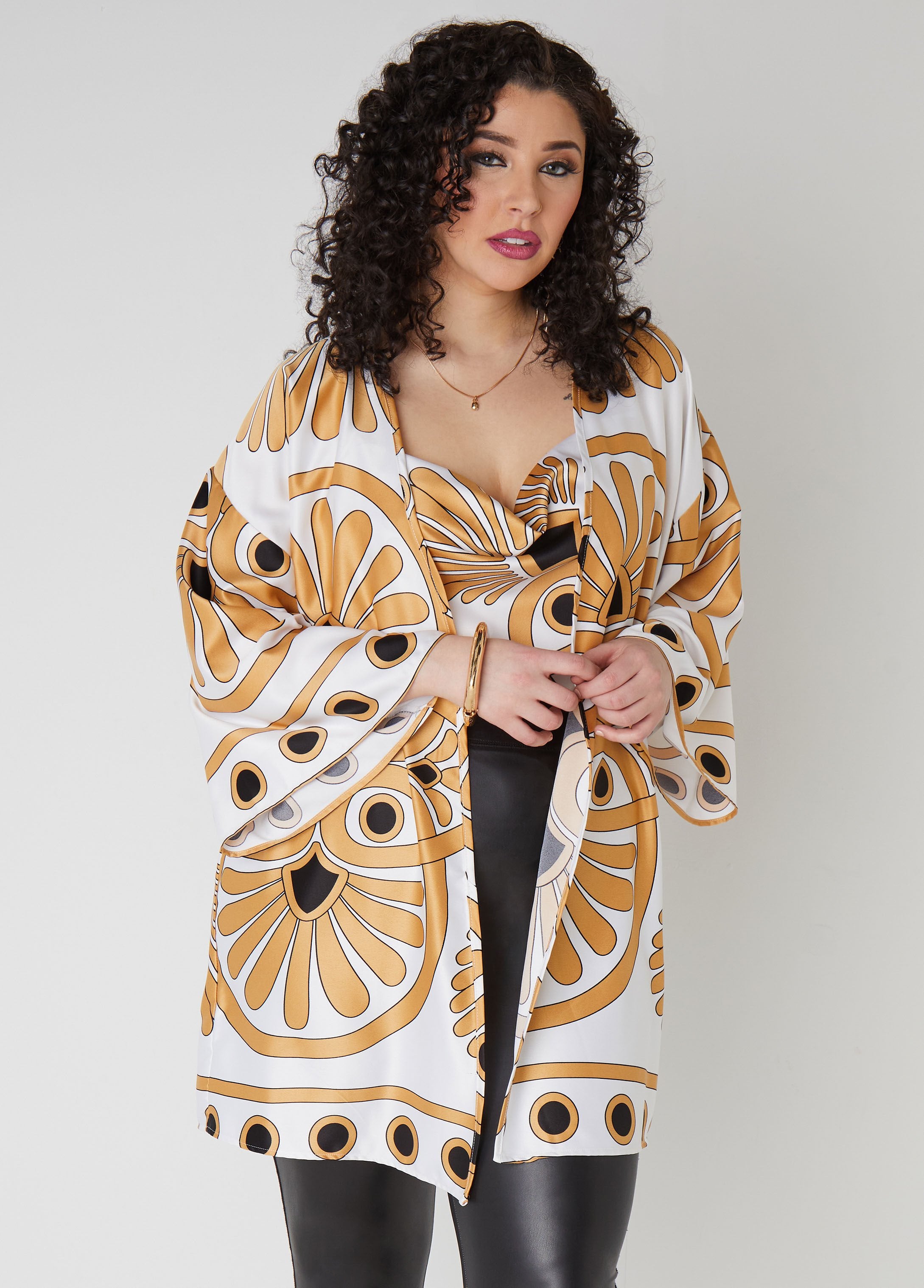 Plus Size kimono satin print plus size kimono two piece set