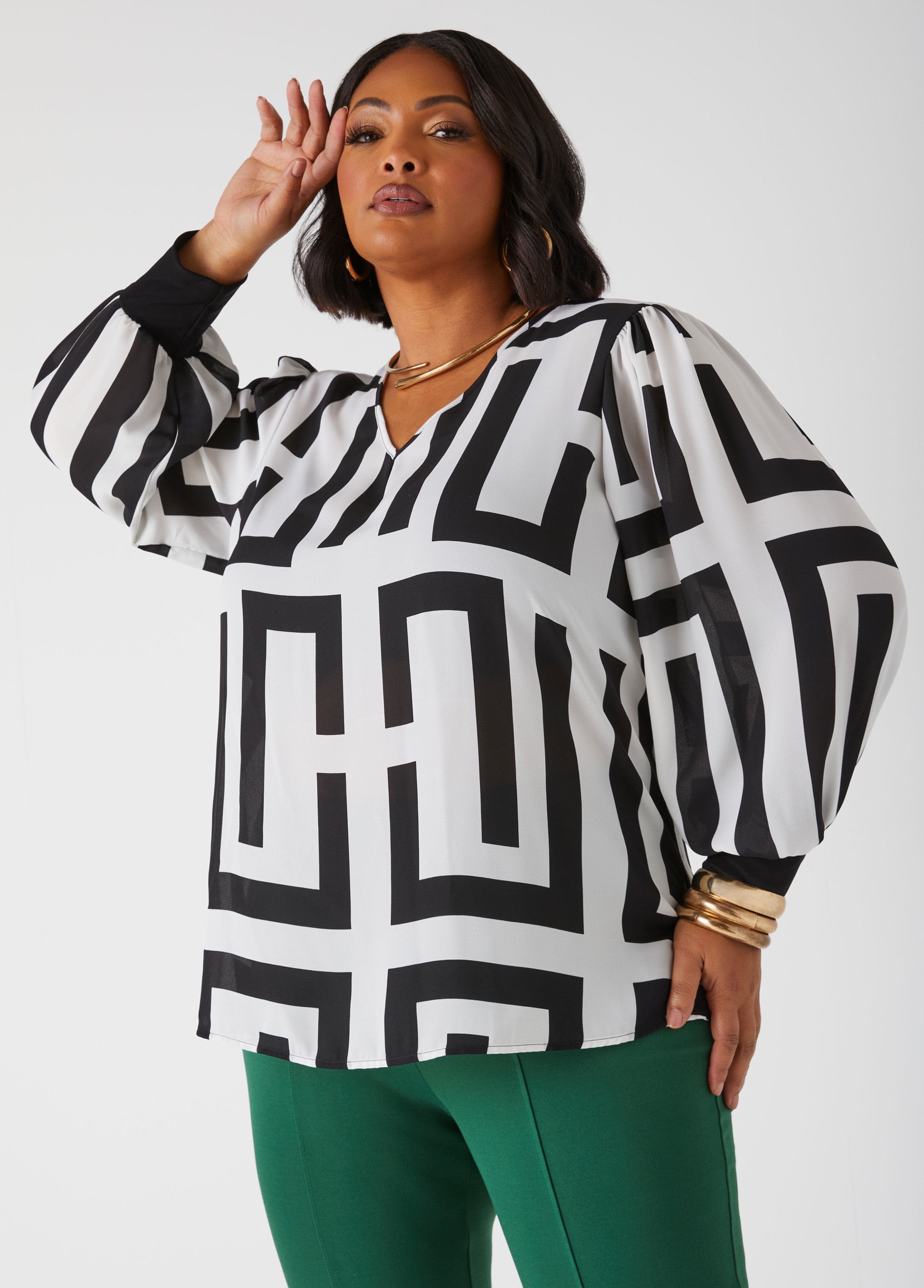 Plus Size V Neck Geo Crepe Work Blouse Plus Size Work Top