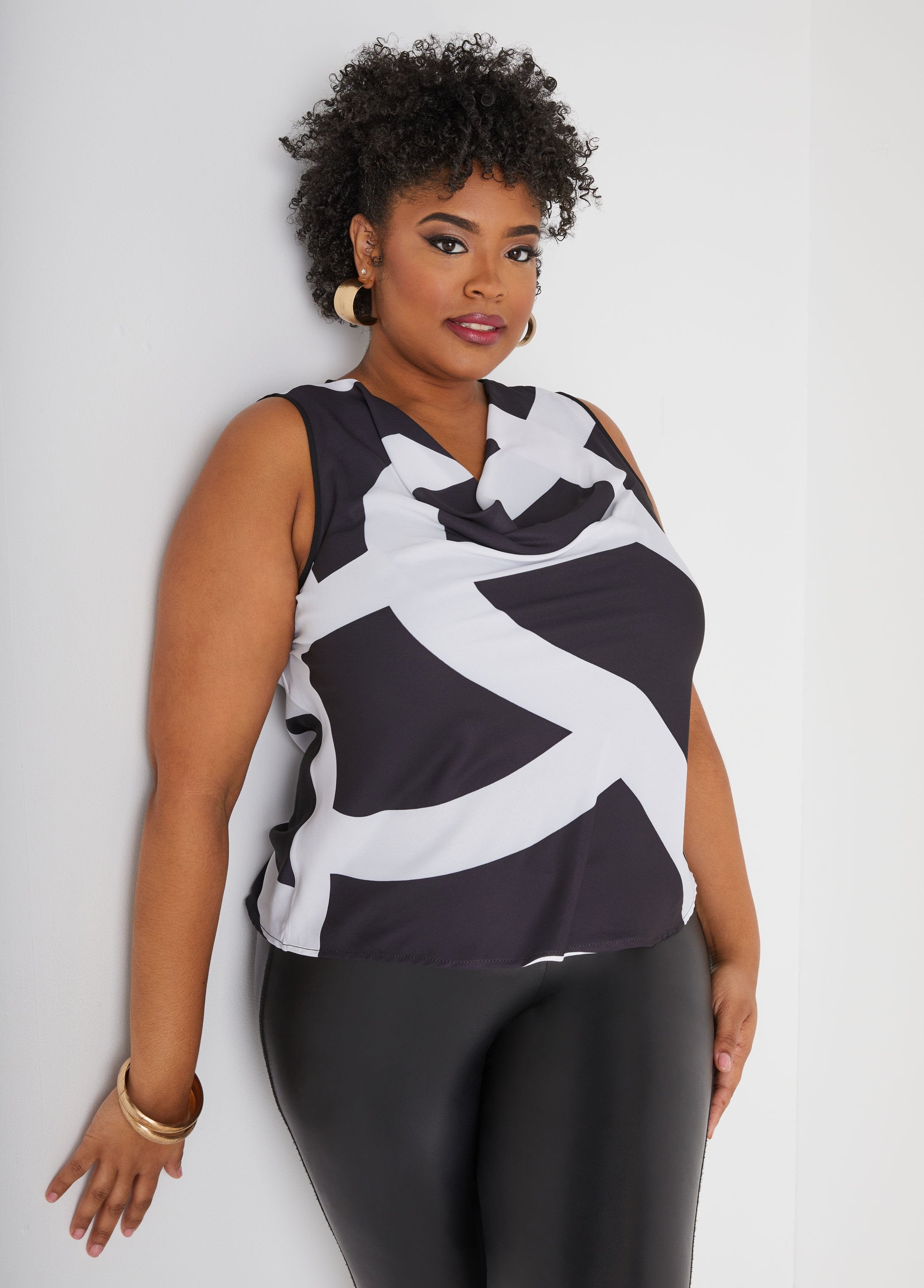 Plus Size Abstract Print Tank Top Plus Size Cowl Neck Tops Set