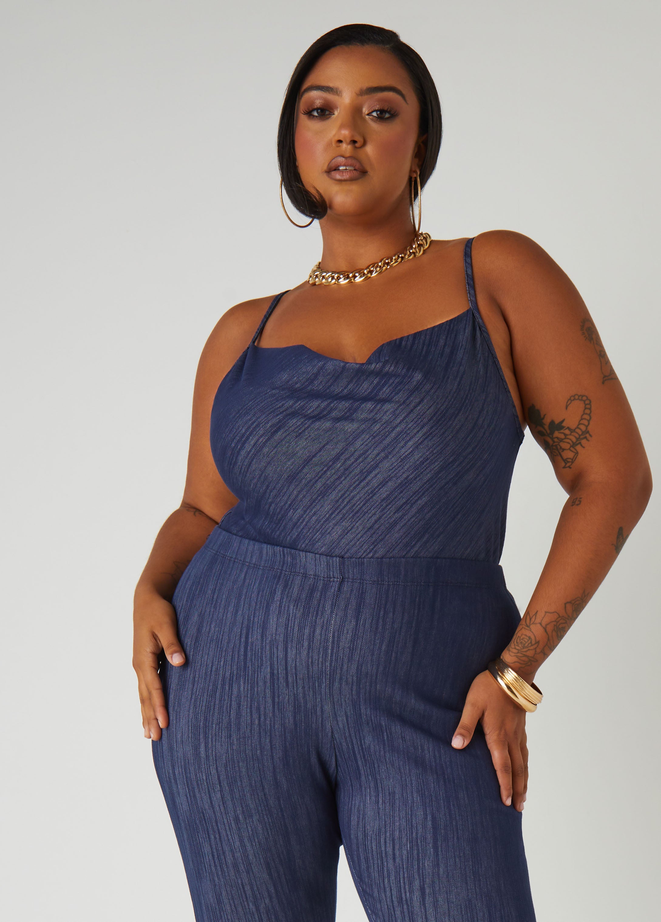 Plus Size Textured Denim Cowl Neck Top