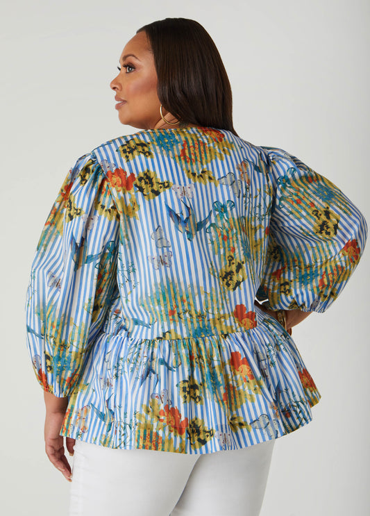 Striped & Floral Print Peplum Shirt
