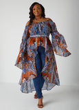 Plus Size Printed Sheer Off The Shoulder Plus Size Hi Low Duster Top