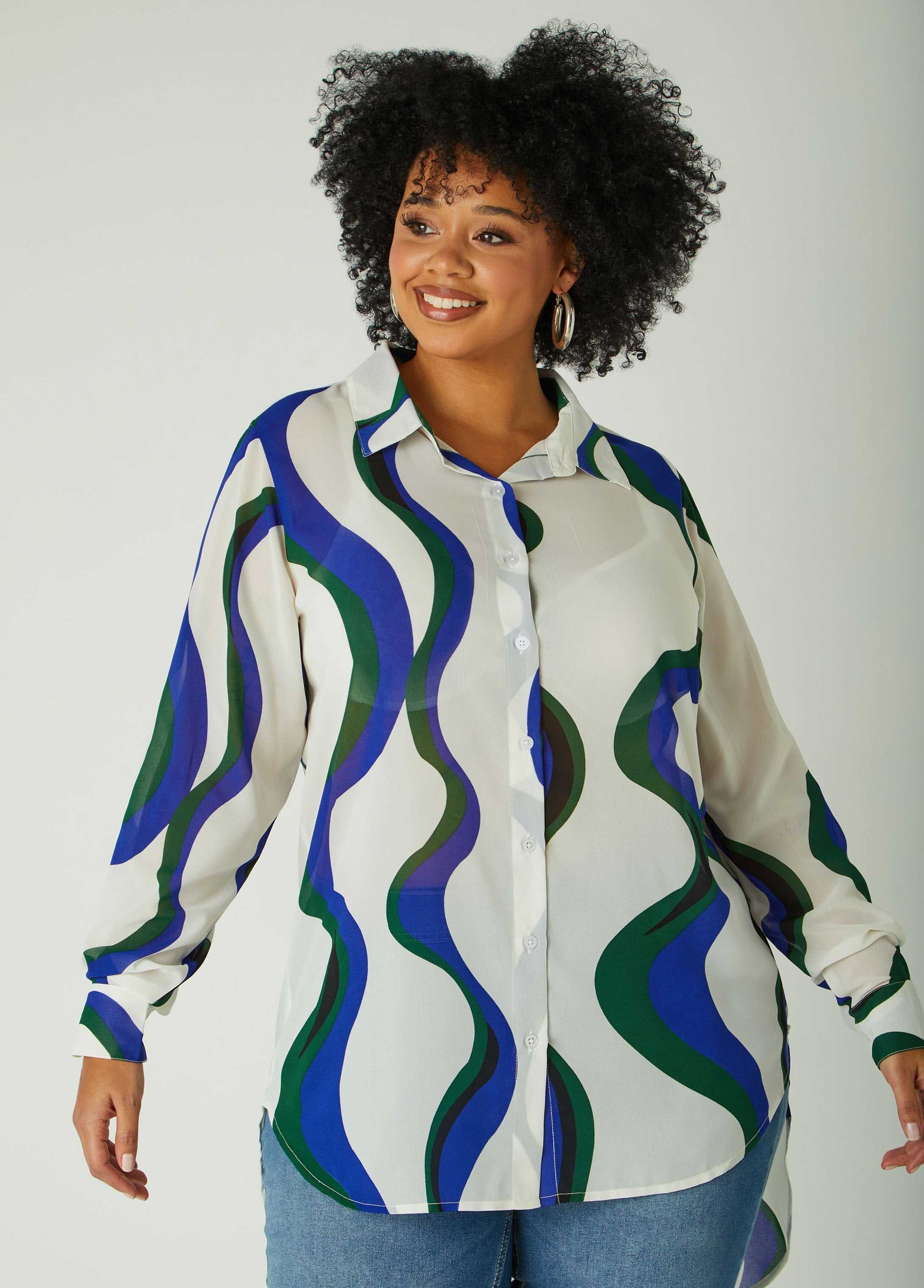 Plus Size Wave Print Shirt Plus Size Hi Low Collared Shirt