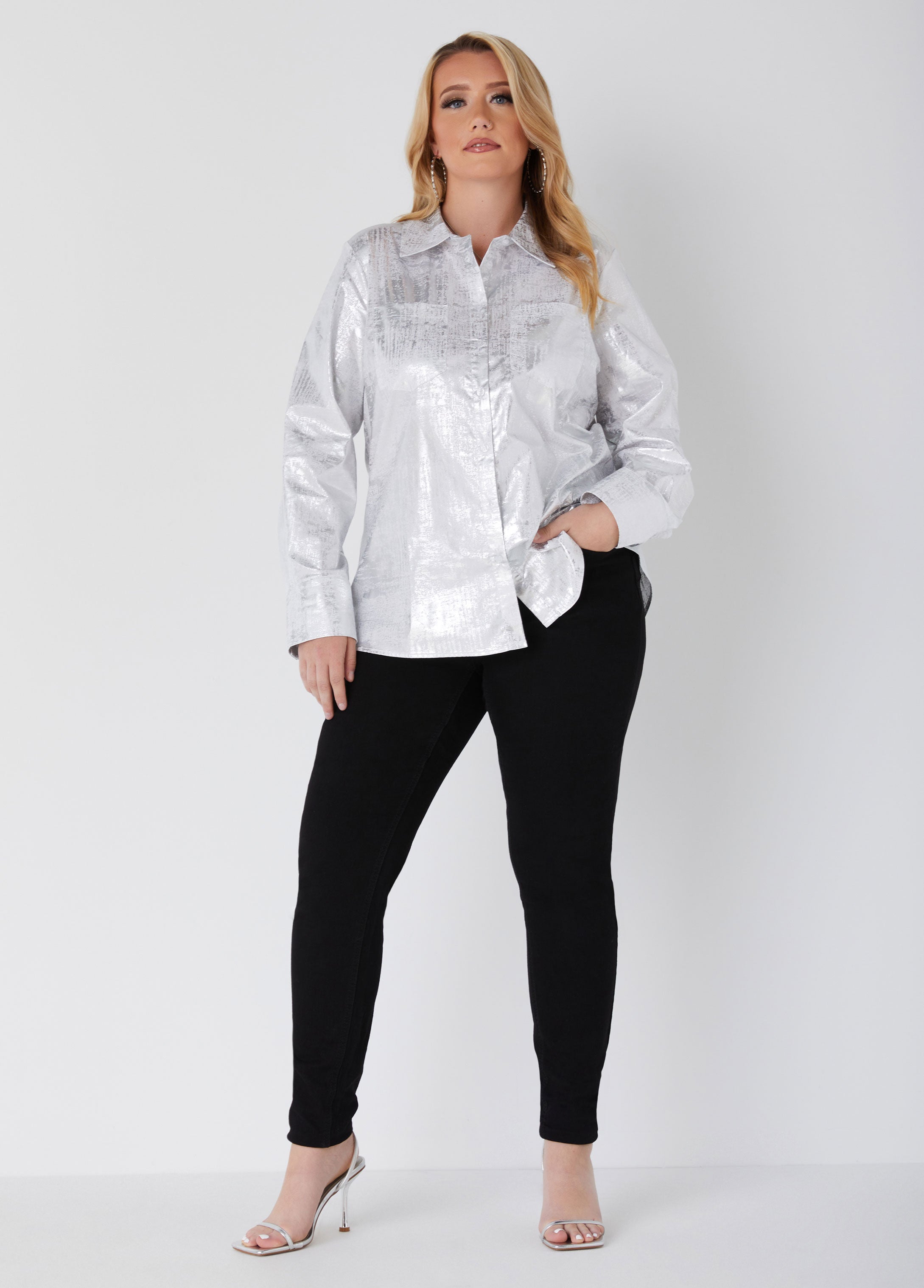 Plus Size coated metallic print shirt plus size shirt plus size work top