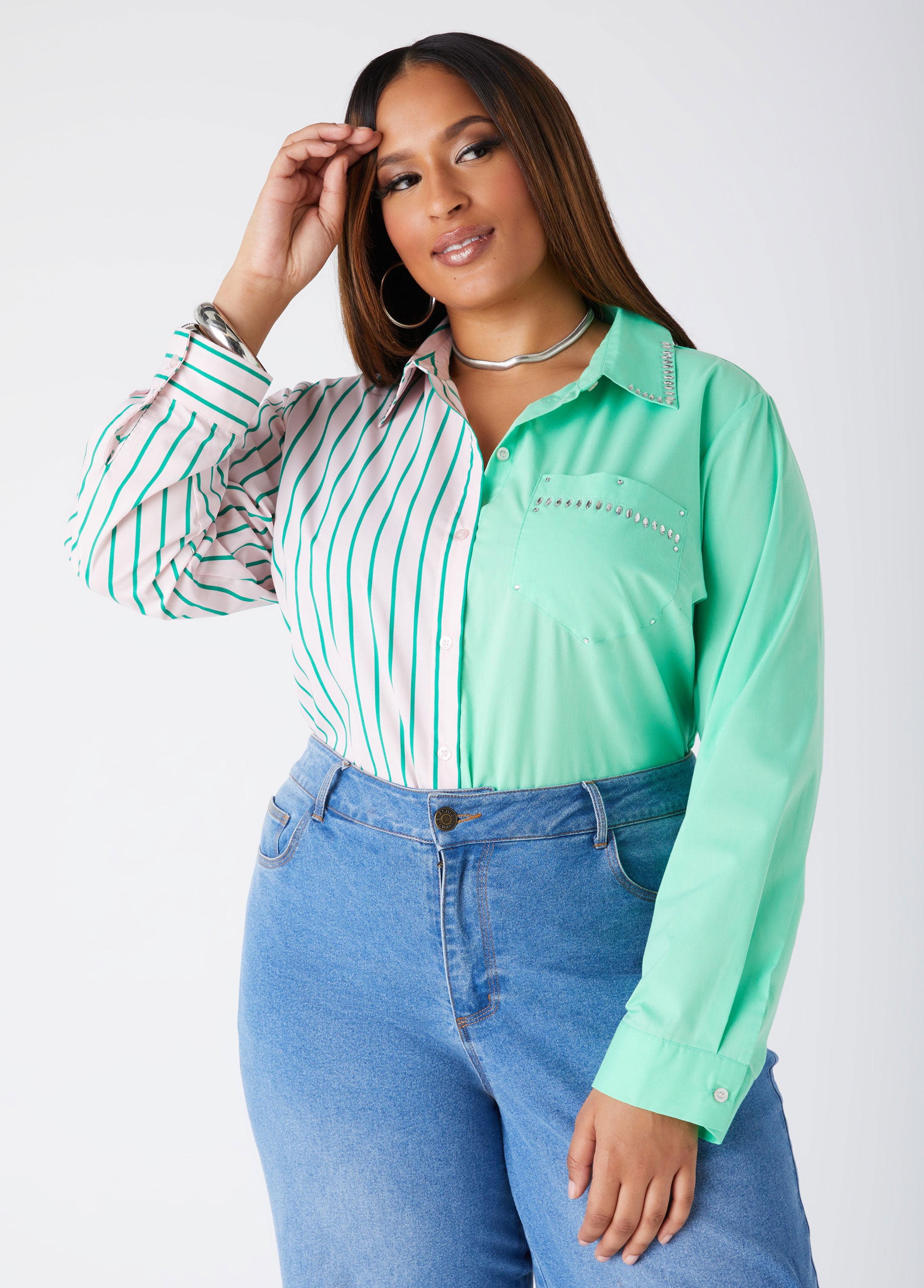 Plus Size Classic Striped Paneled Shirt Plus Size Collared Shirt