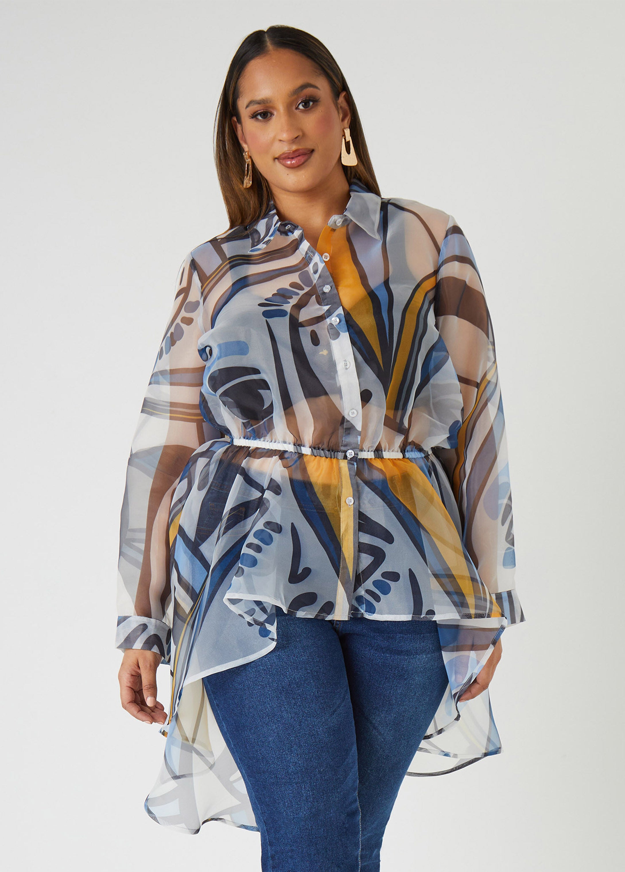 Plus Size Eye Print Sheer Duster Plus Size Hi Low Top