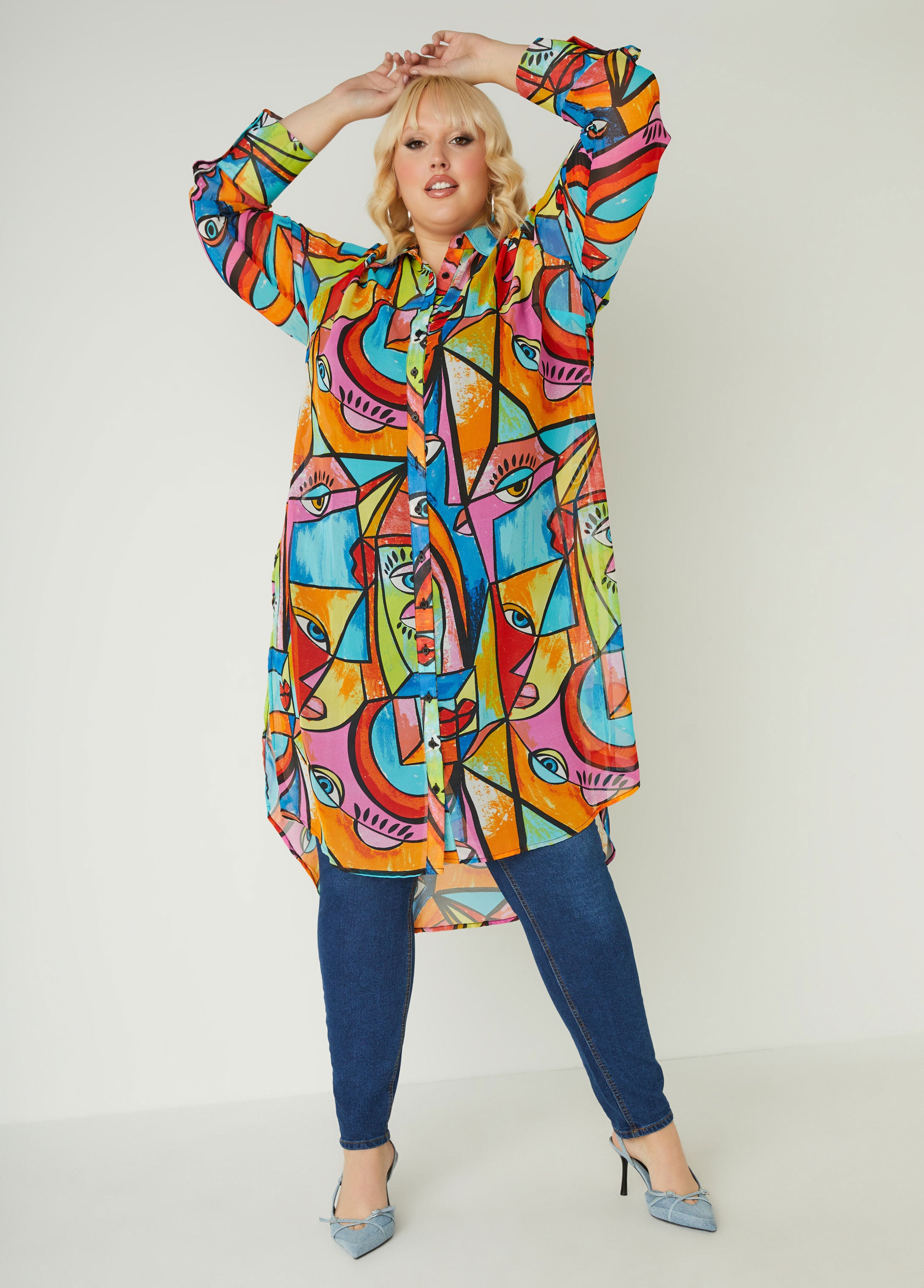 Plus Size eye print duster plus size shirt plus size layer top