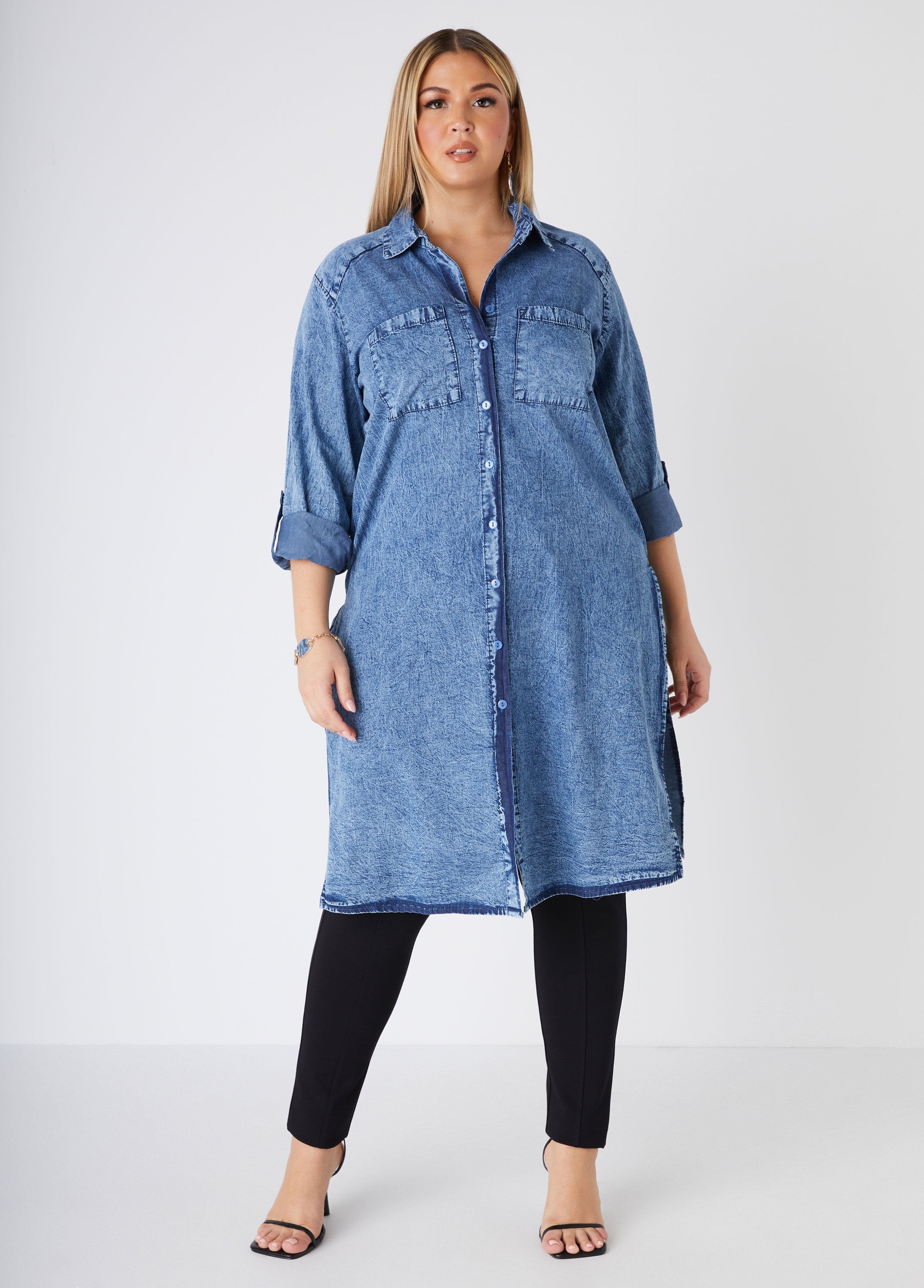 Plus Size Stonewash Denim Shirt Jean Shirt Plus Size Chambray Tunic