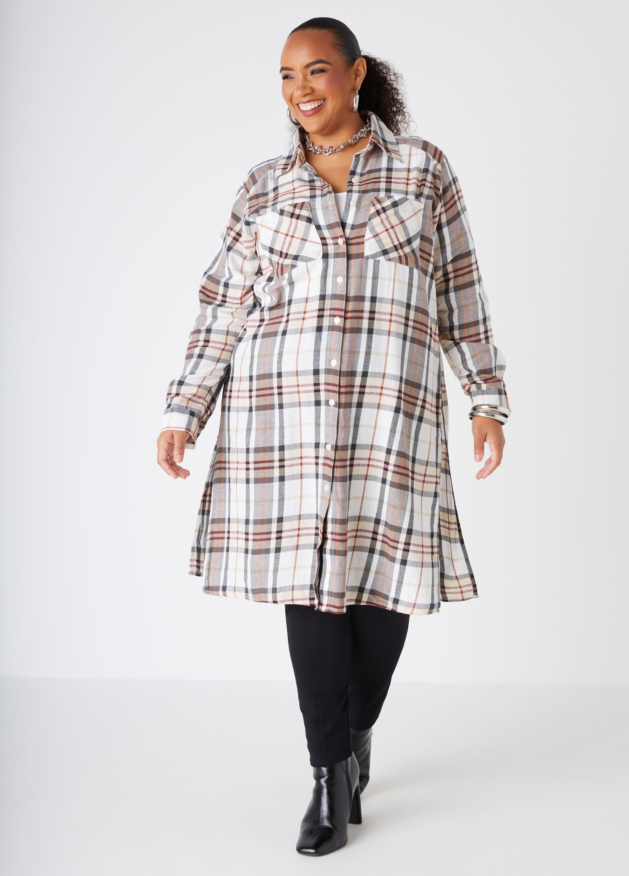 Plus Size plaid duster plus size collared shirt plus size layer top