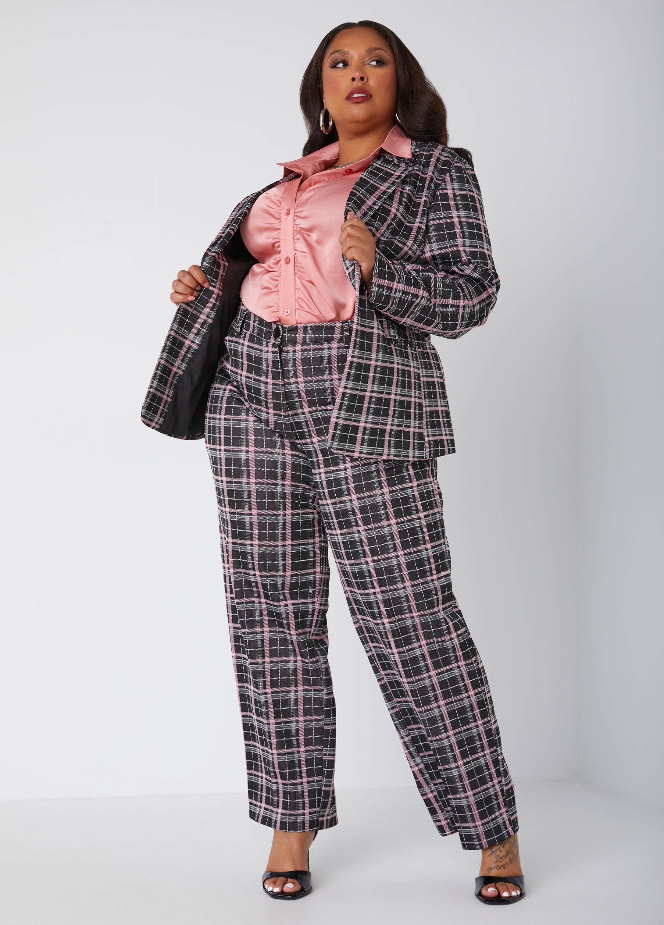 Plus Size Plaid Straight Leg Pants Work Dress Pants Suit Set