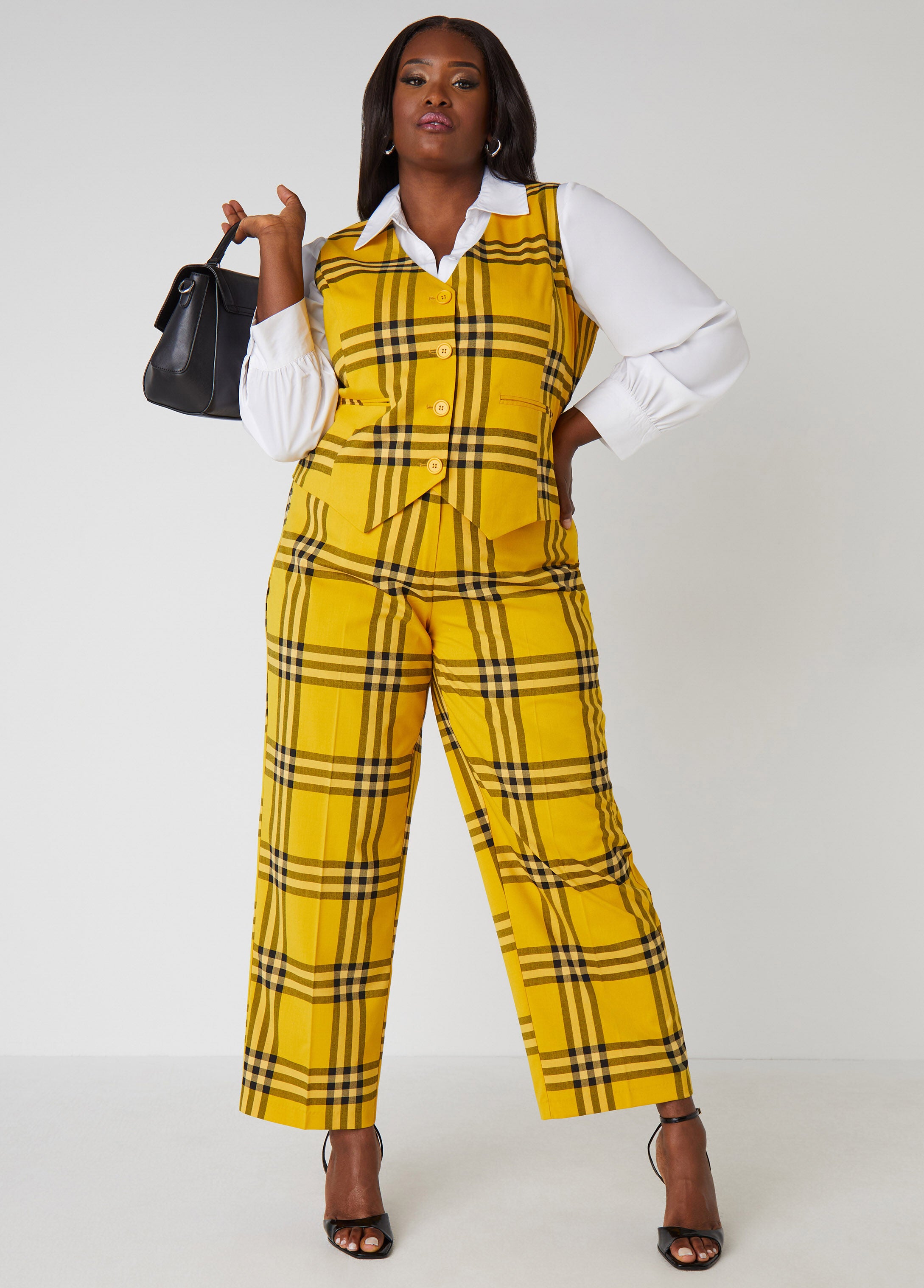 Plus Size High Rise Plaid Trousers Plus Size Pants Suit Set