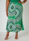 Circle print satin maxi skirt with elasticized waistband. Slip-on style. Can be worn as a two-piece set with matching top. Top sold separately.