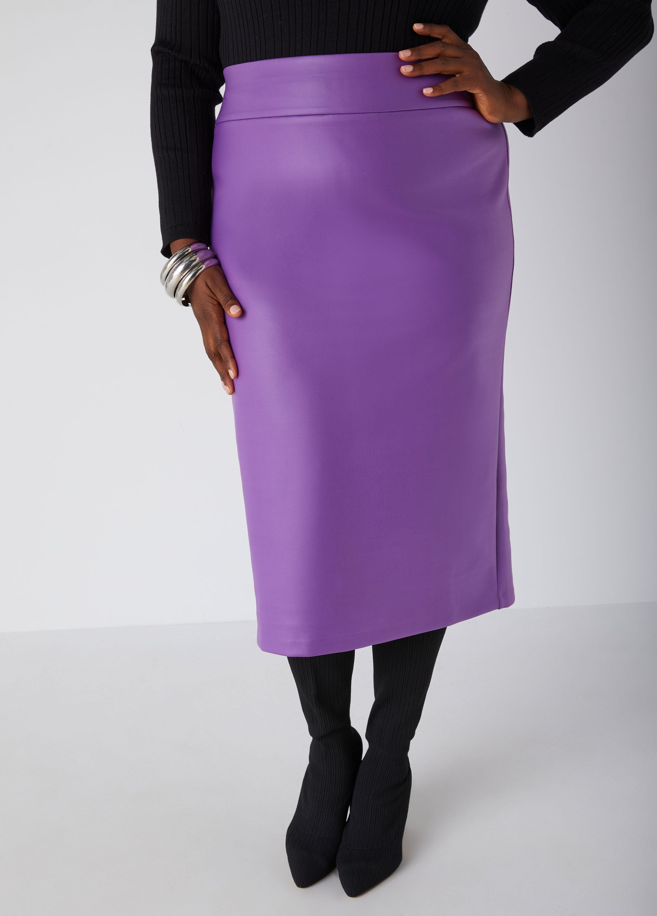 Plus Size Vegan Leather Midi Skirts Pull On Skirt Plus Size Skirts