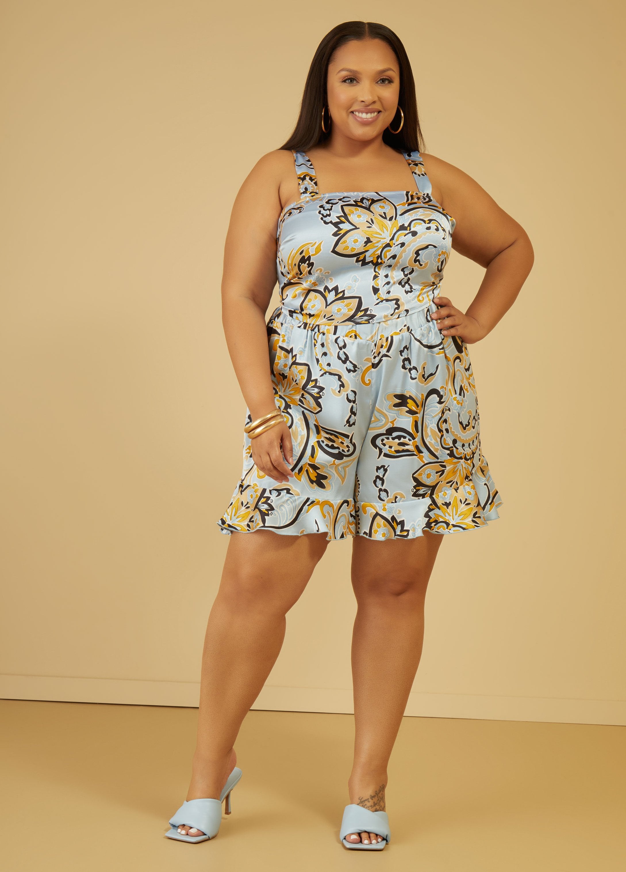 Plus Size Ruffled Printed Shorts Plus Size Satin Matching Set