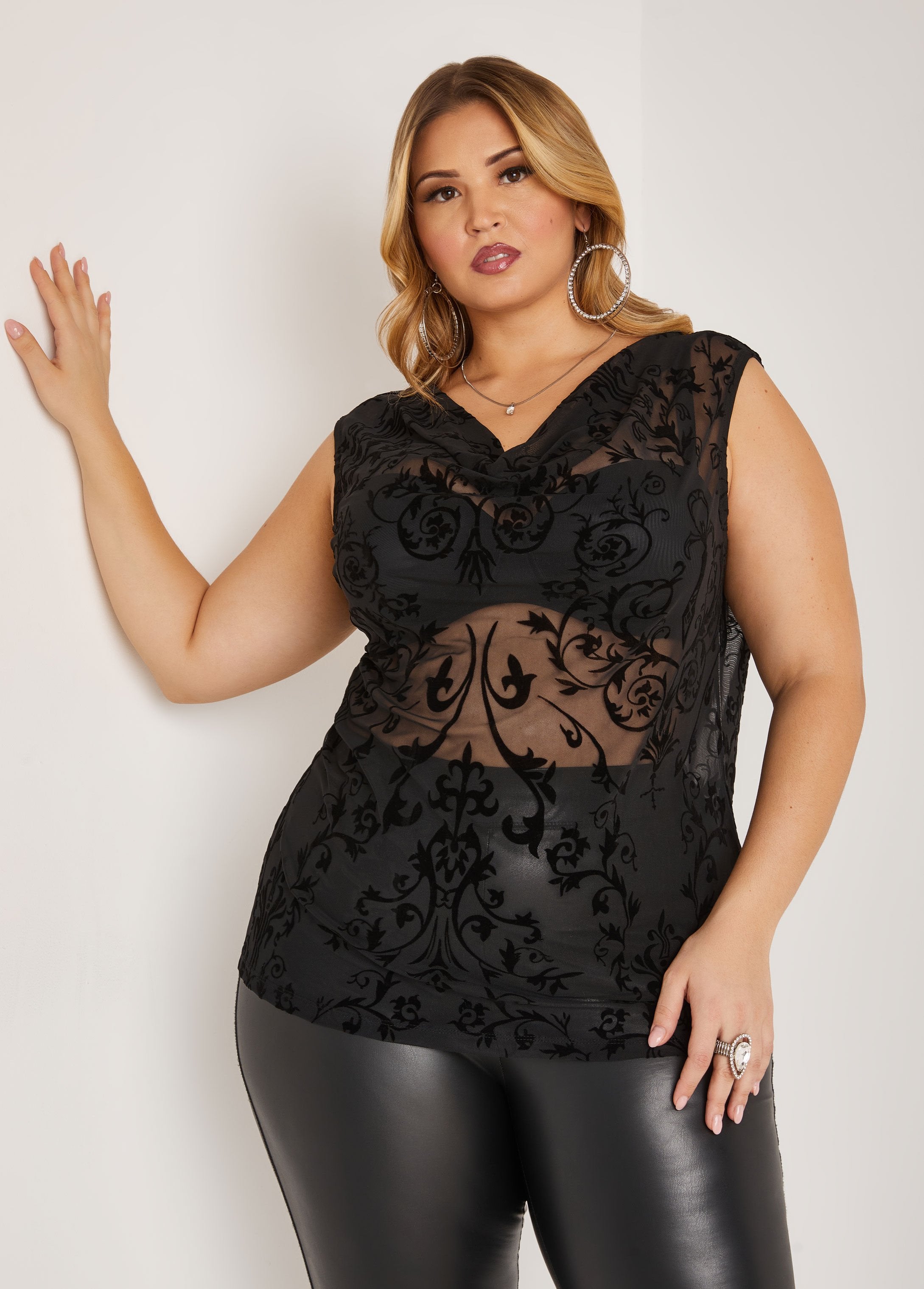 Plus Size flocked mesh top plus size party top plus size two piece set