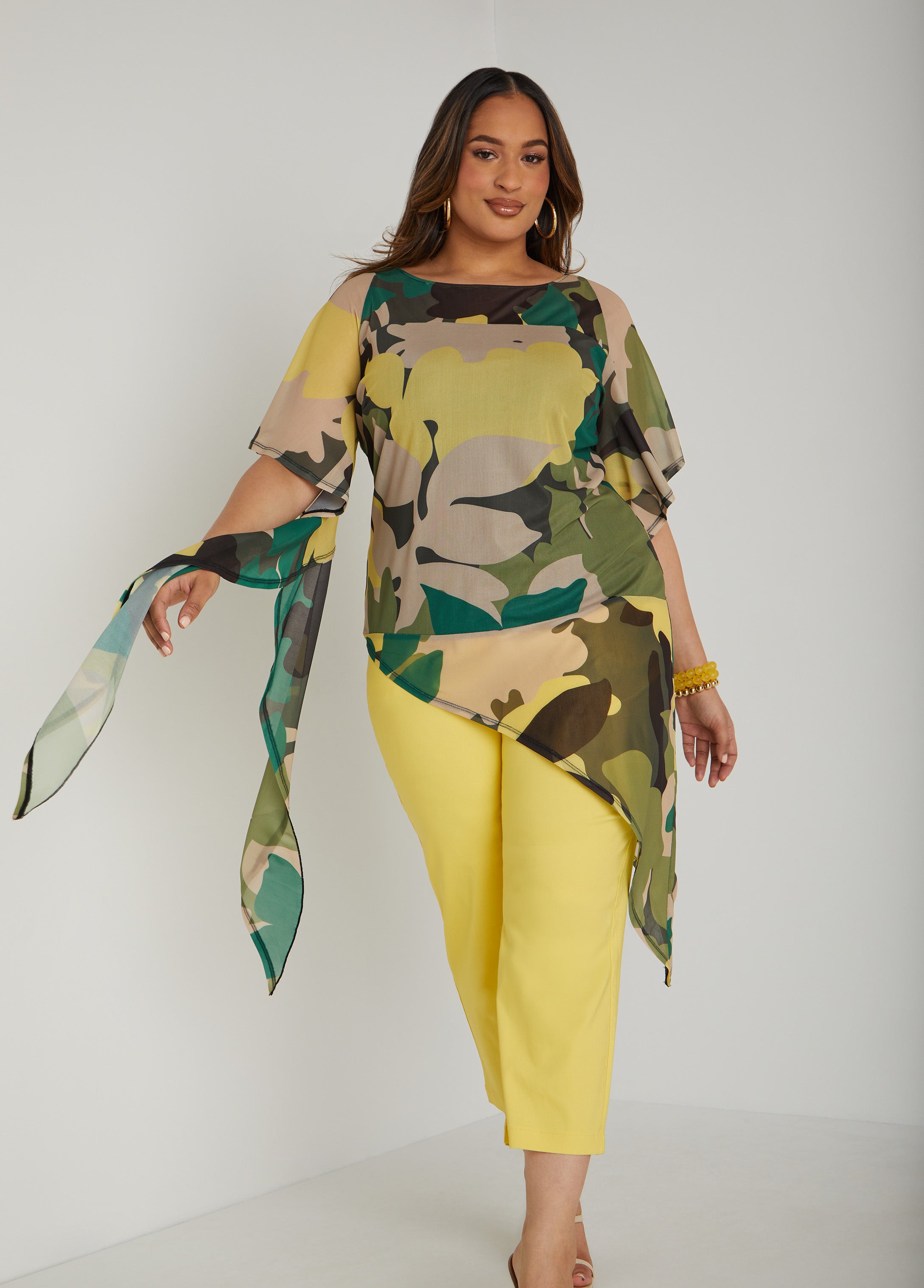 Draped Sleeve Camo Print Mesh Top – Ashley Stewart