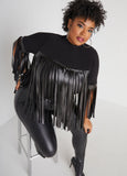 Fringed Faux Leather Knit Top