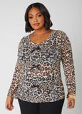 Plus Size leopard print mesh sheer top knit printed plus size shirts