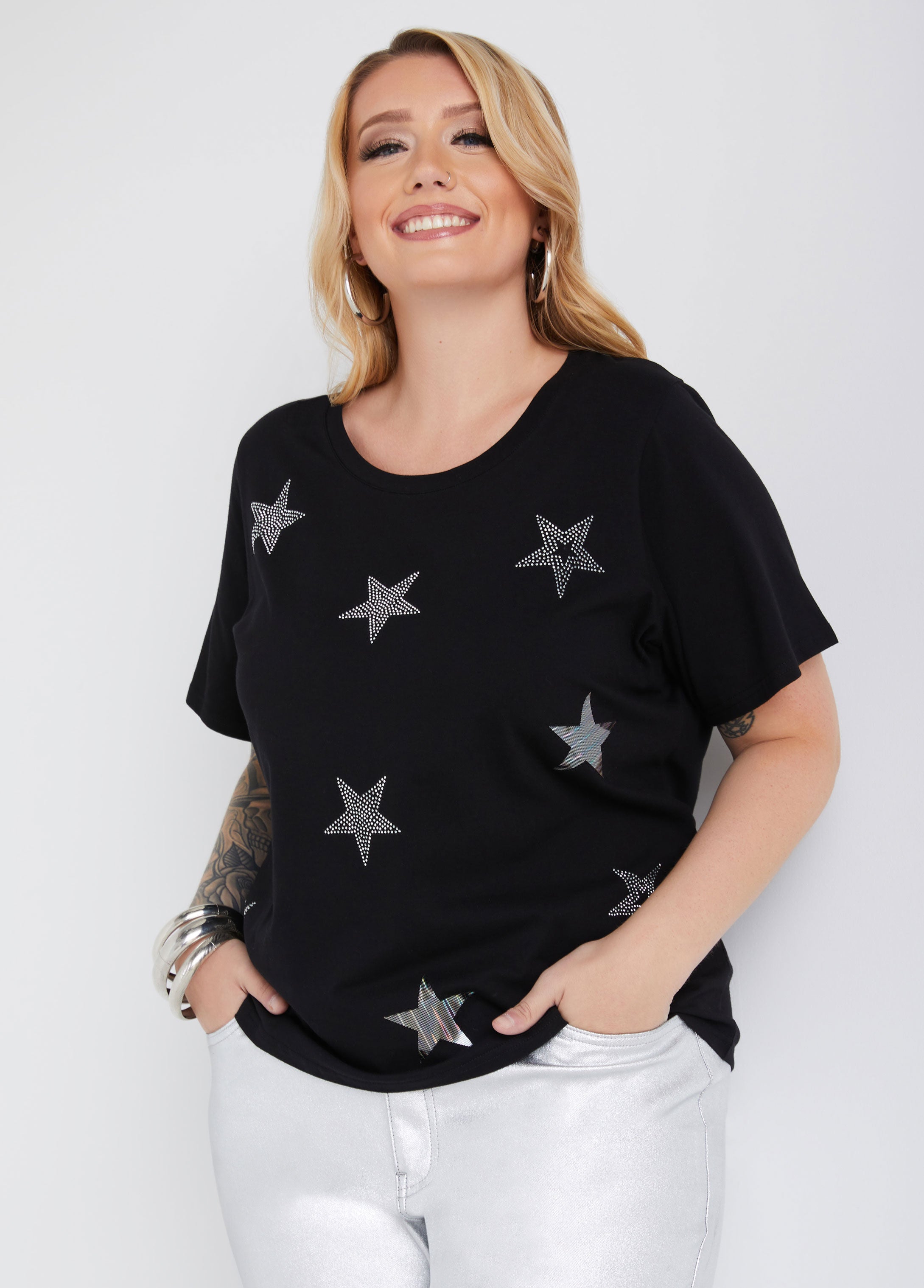 Plus Size Rhinestone Star Graphic Tee Shirt Plus Size Jersey T Shirt