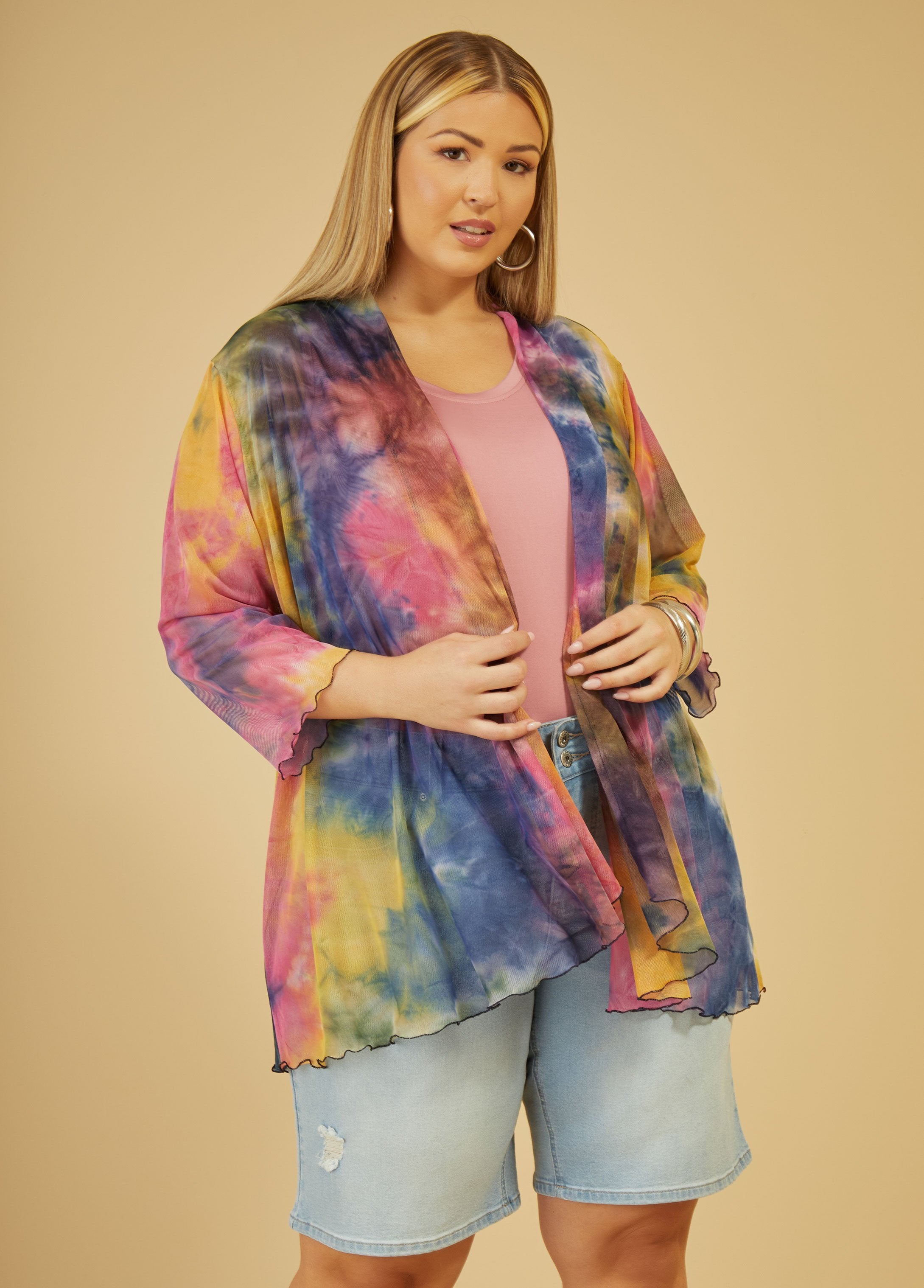 Plus Size Tie Dye Print Mesh Duster Plus Size Cardigan Plus Size Kimono