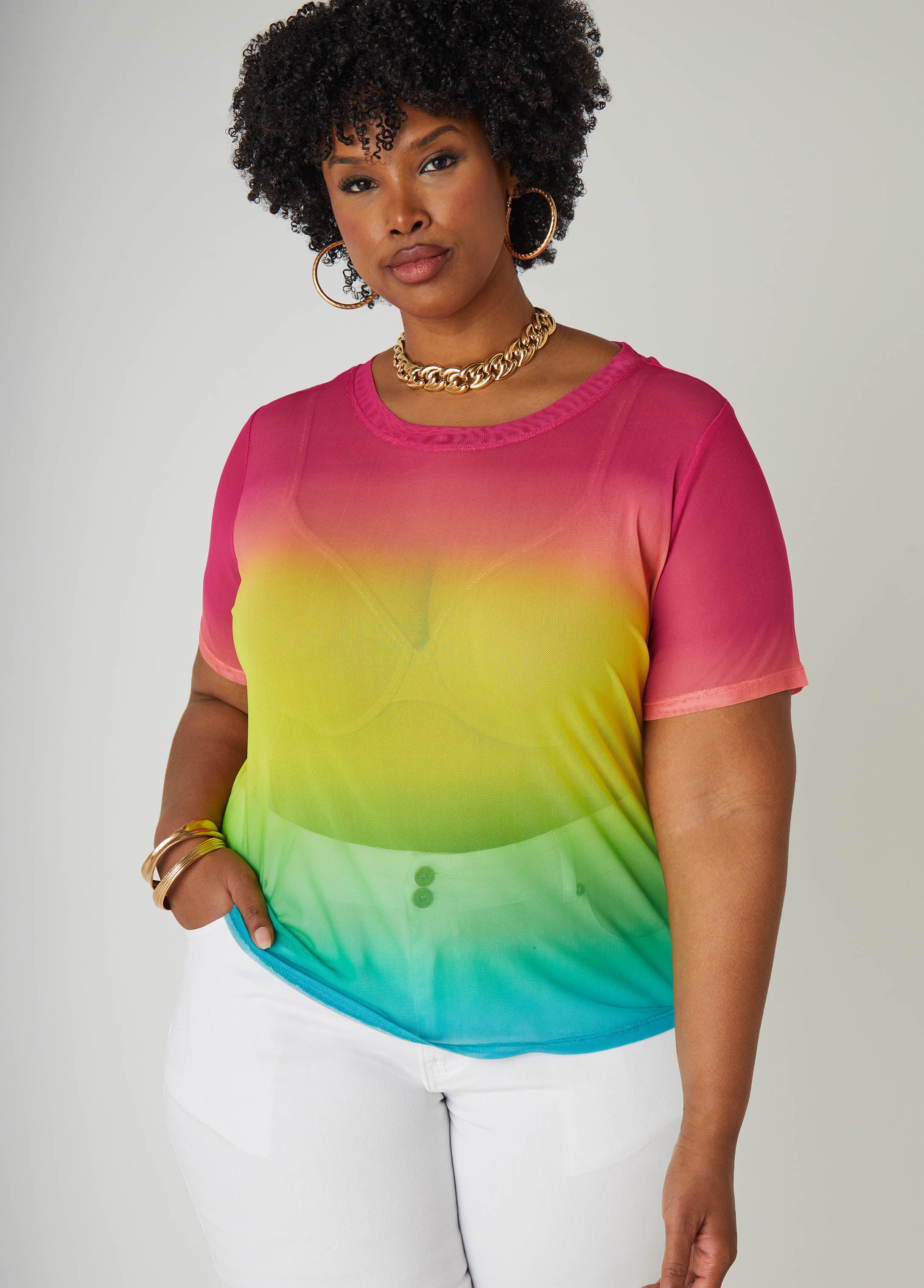 Plus Size Ombre Mesh Tee Plus Size 90s Fashion Matching Set