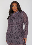 Plus Size floral print mesh top plus size matching holiday set