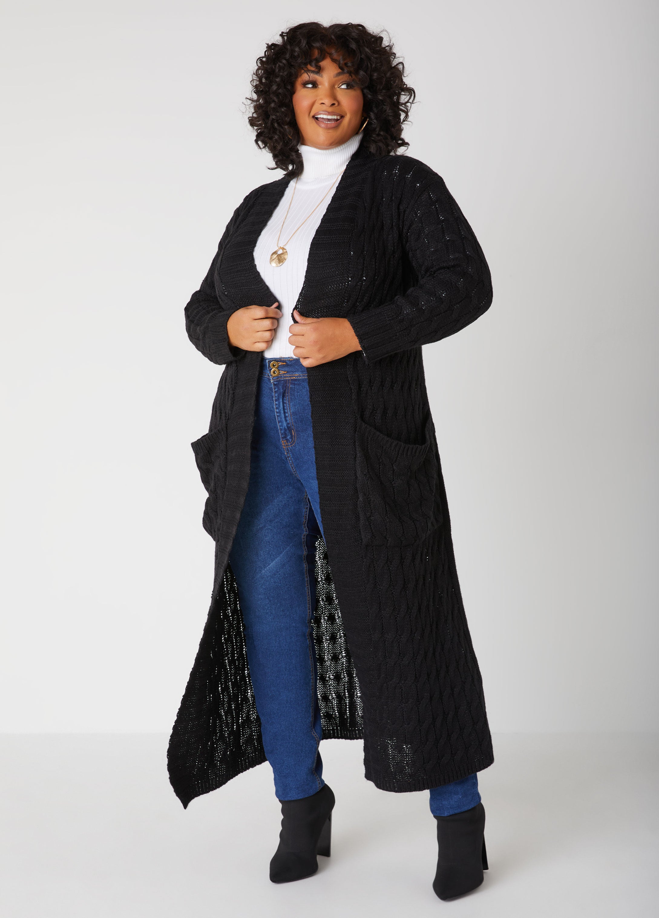 Plus Size Cable Knit Two Pocket Long Duster Layer Cozy Chic Cardigan