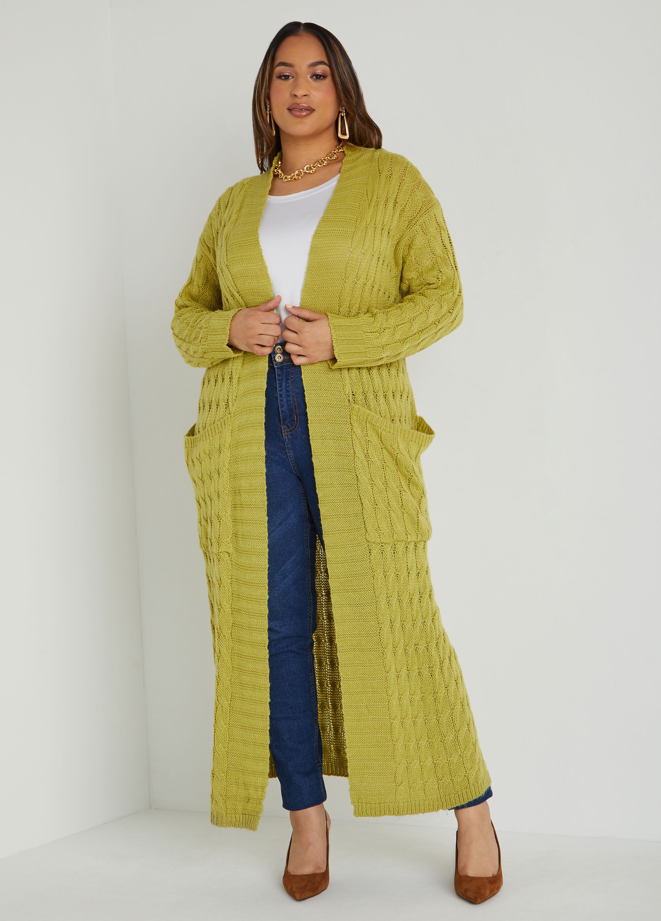 Plus Size Pocketed Cable Knit Duster