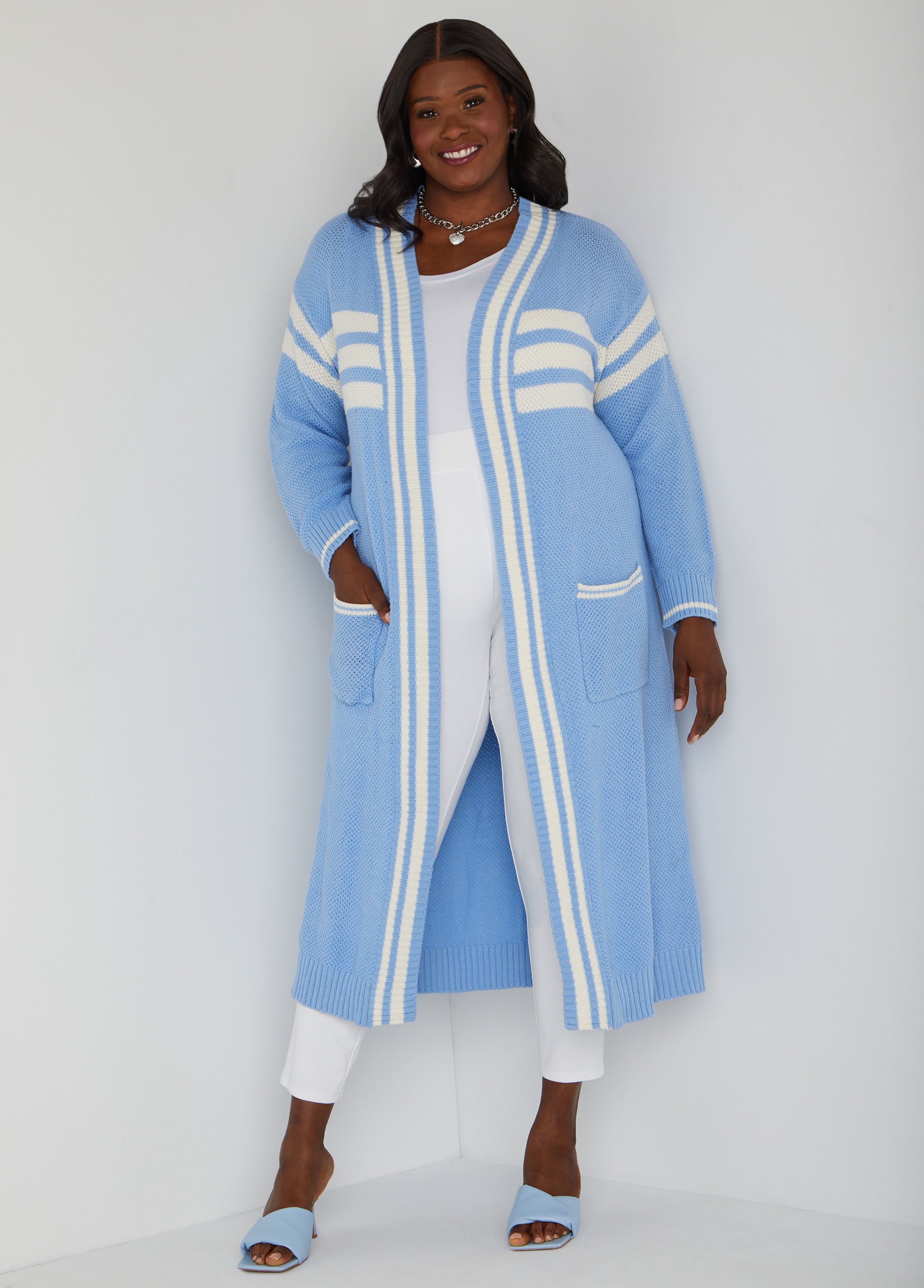 Plus Size Open Front Striped Cardigan