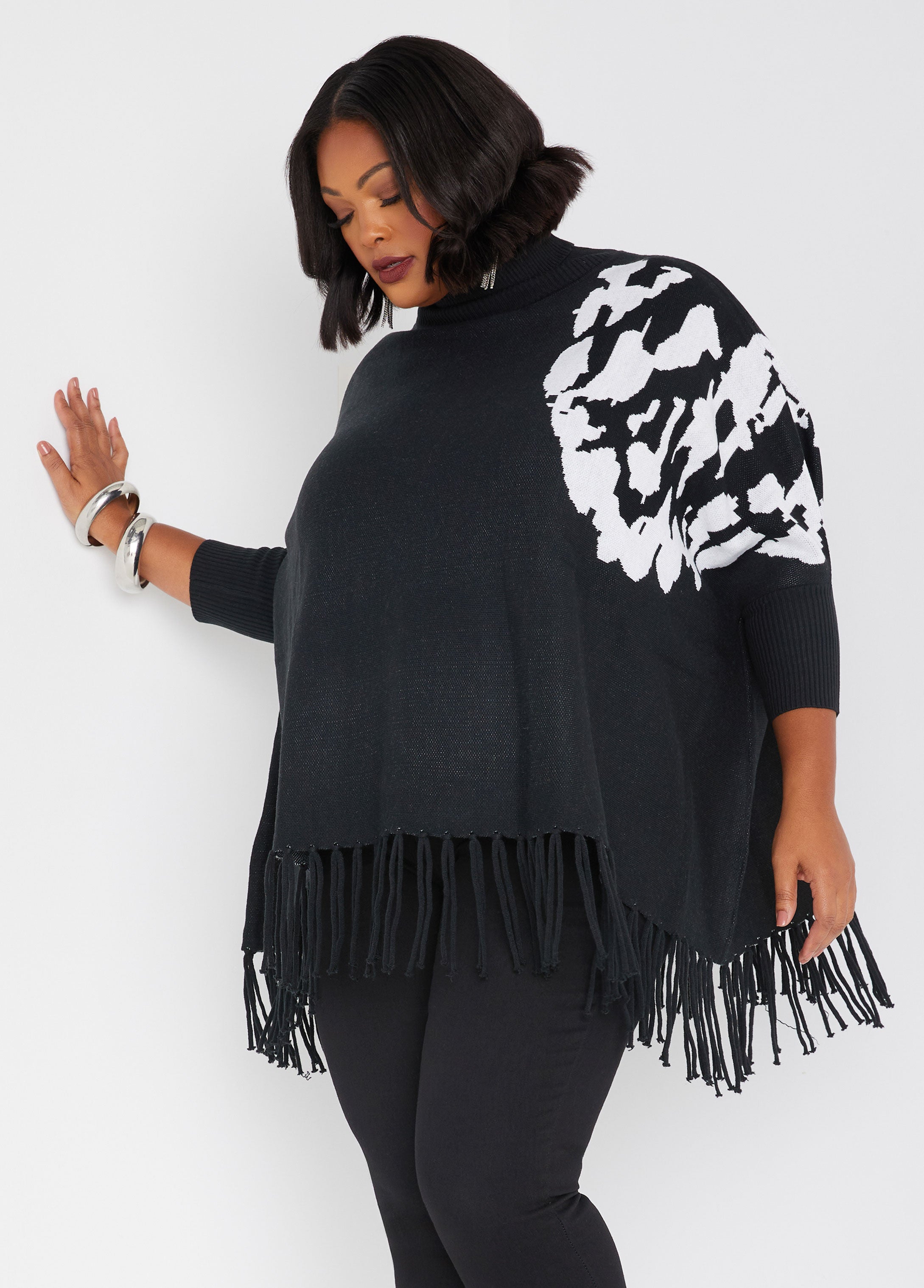 Plus Size Jacquard Knit Poncho Plus Size Turtleneck Fall Fashion