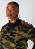 Distressed Cutout Camo Sweater