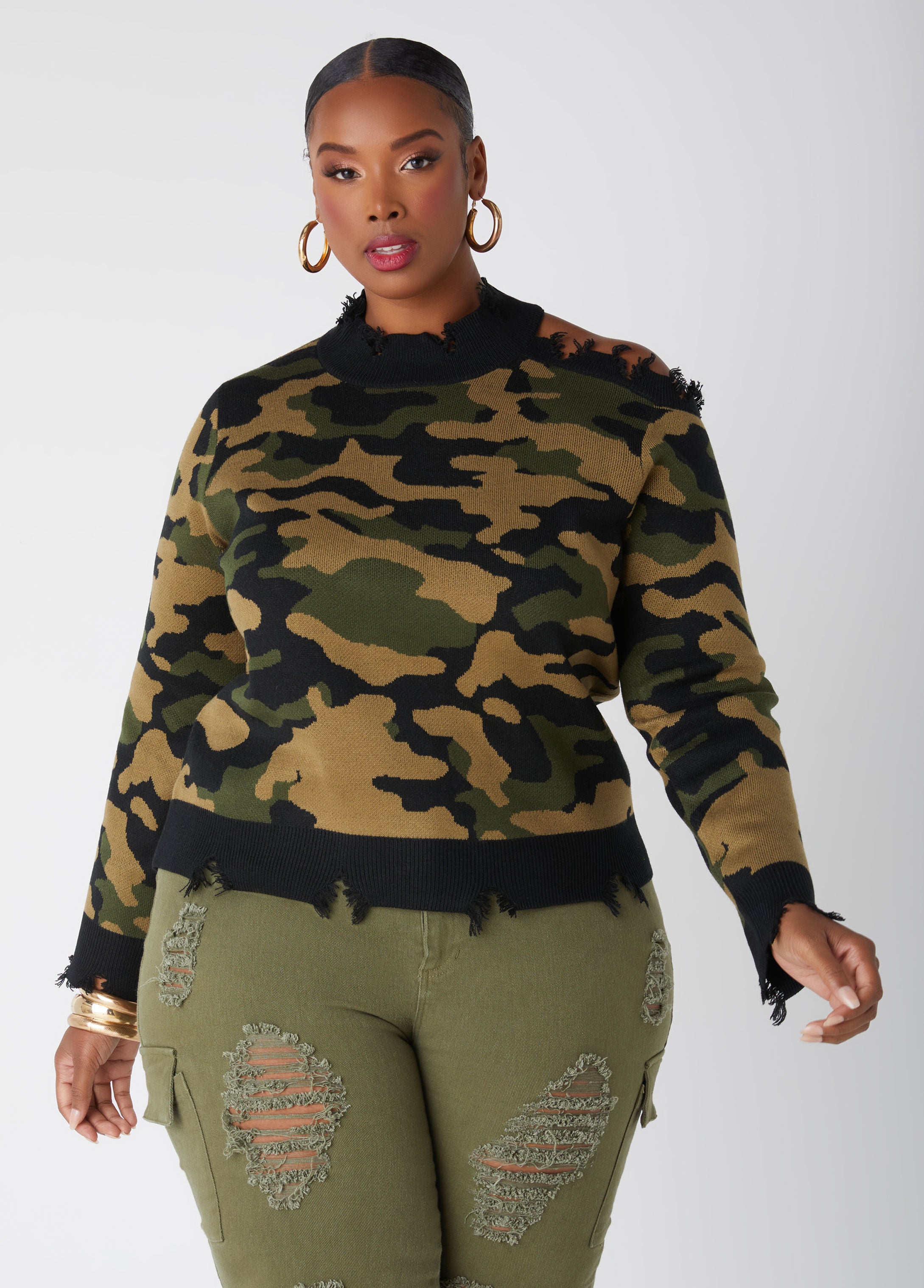 Plus Size camo print sweater plus size cutout knit sweater