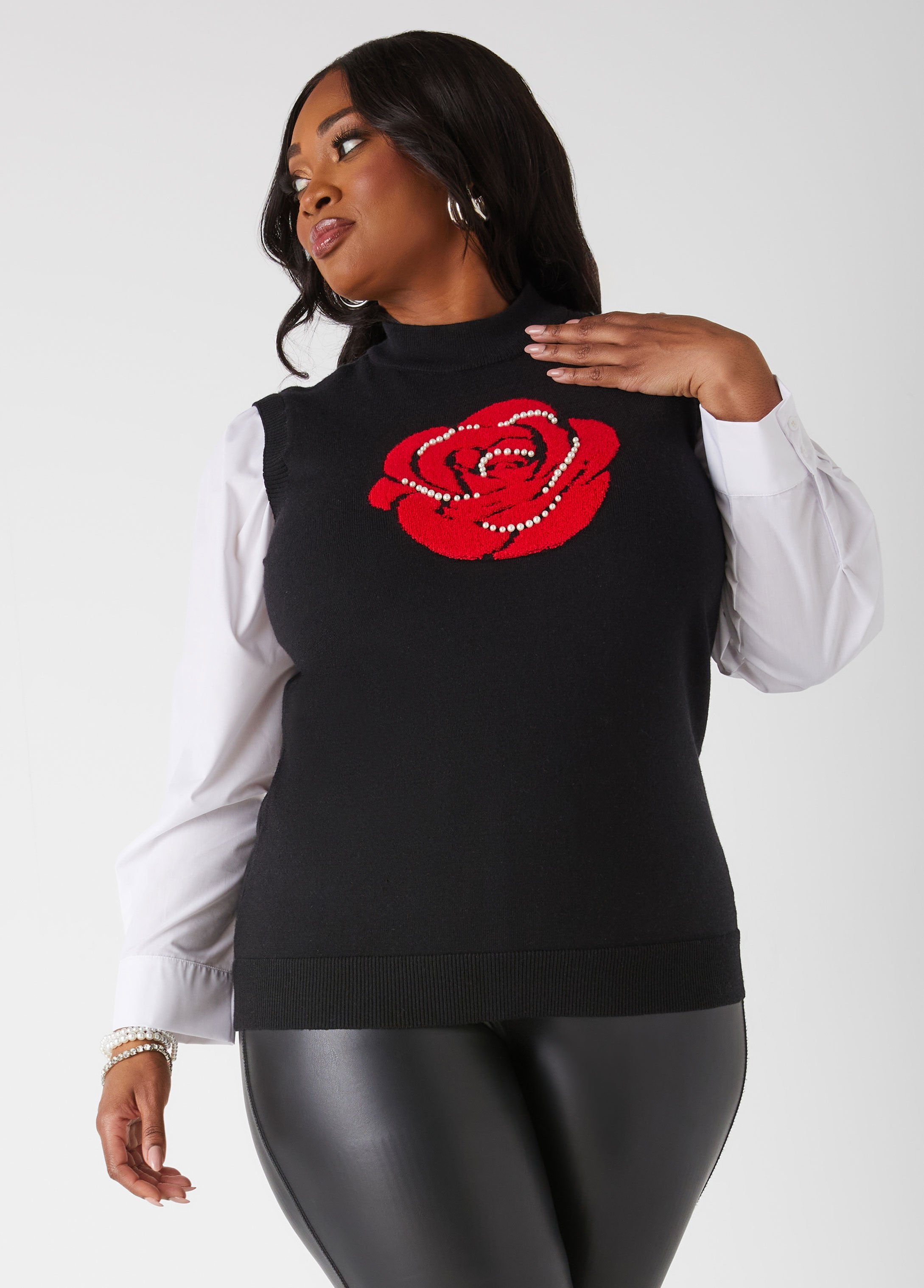 Plus Size Chic Rose Layered Effect Long Sleeved Sweater Vest