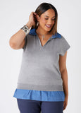 Chambray Paneled V Neck Sweater