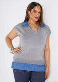 Chambray Paneled V Neck Sweater