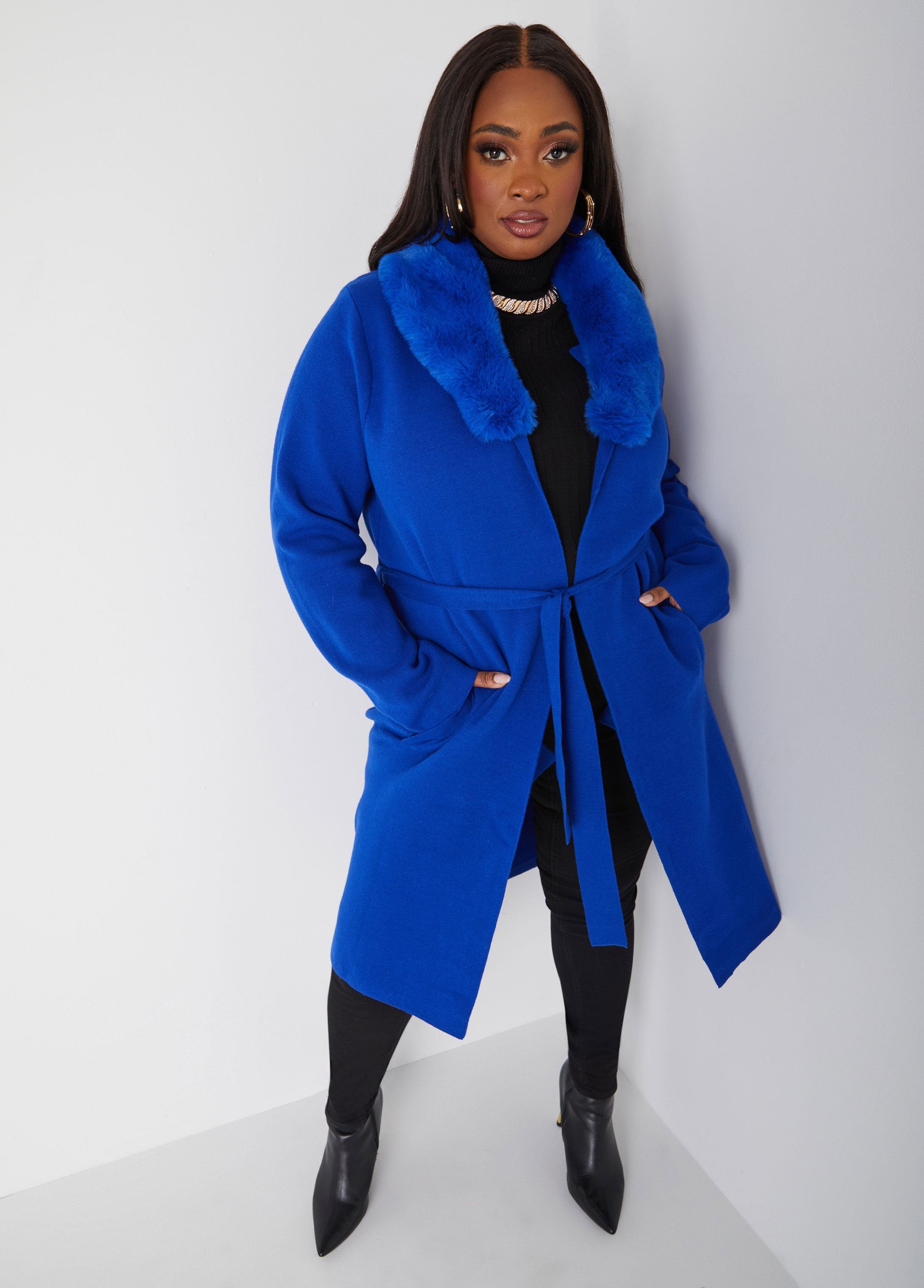 Plus Size faux fur trimmed knit duster plus size knit jacket