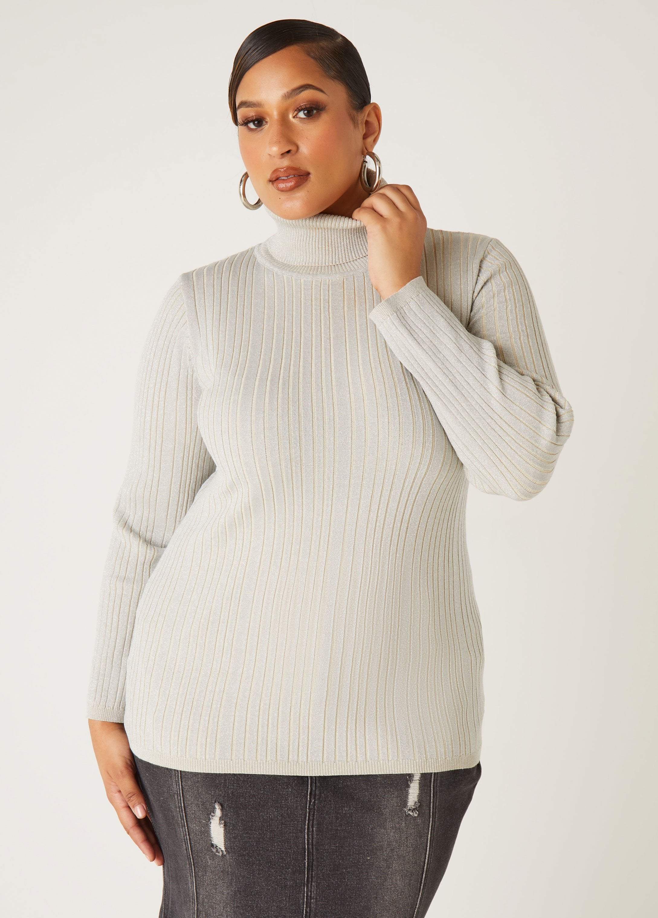 Plus Size Metallic Ribbed Knit Top Plus Size Turtleneck Sweater