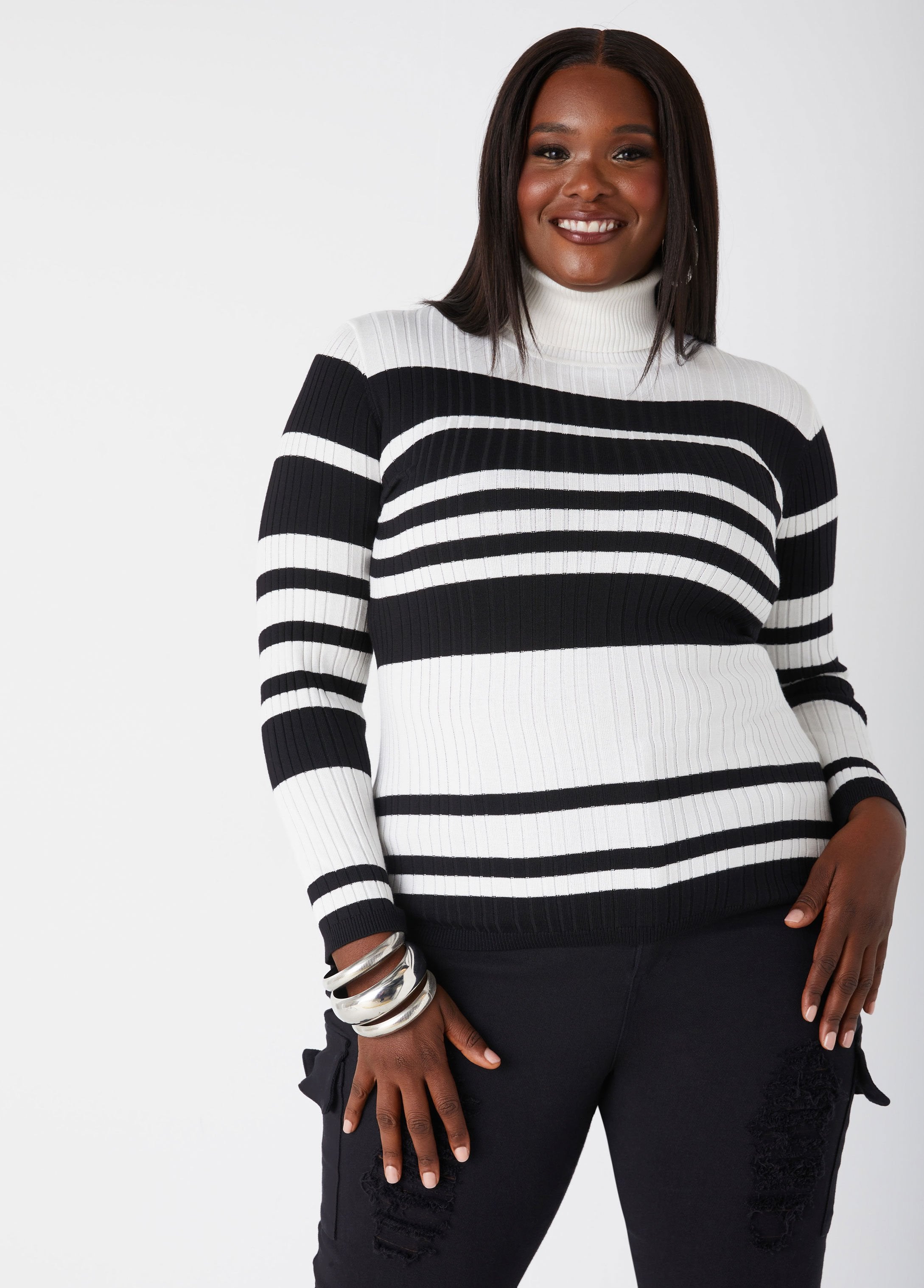 Plus Size Striped Ribbed Knit Fitted Turtleneck Sweaters Knit Tops