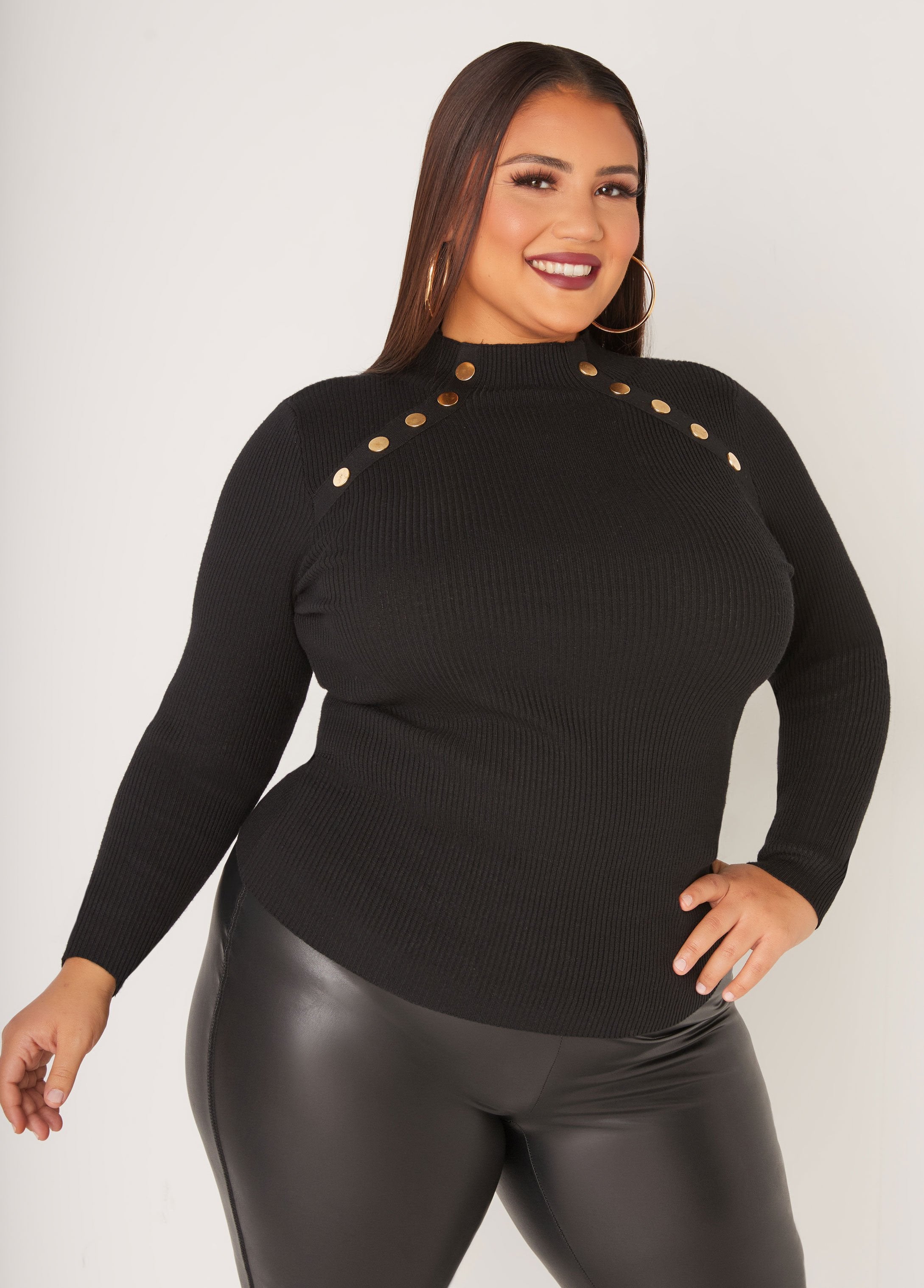 Plus Size Mock Neck Button Ribbed Turtleneck Sweater