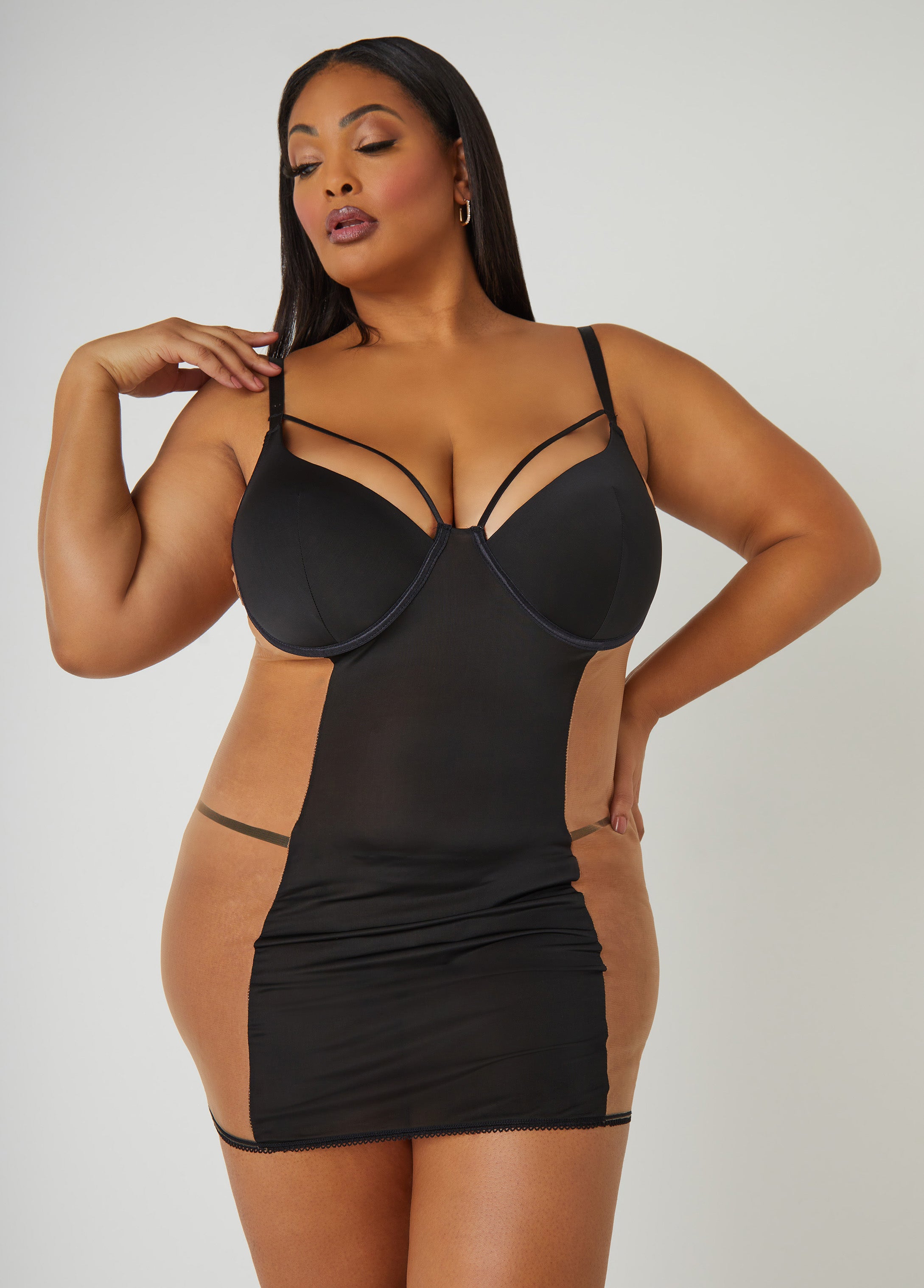 Plus Size Mesh Paneled Cutout Chemise Set