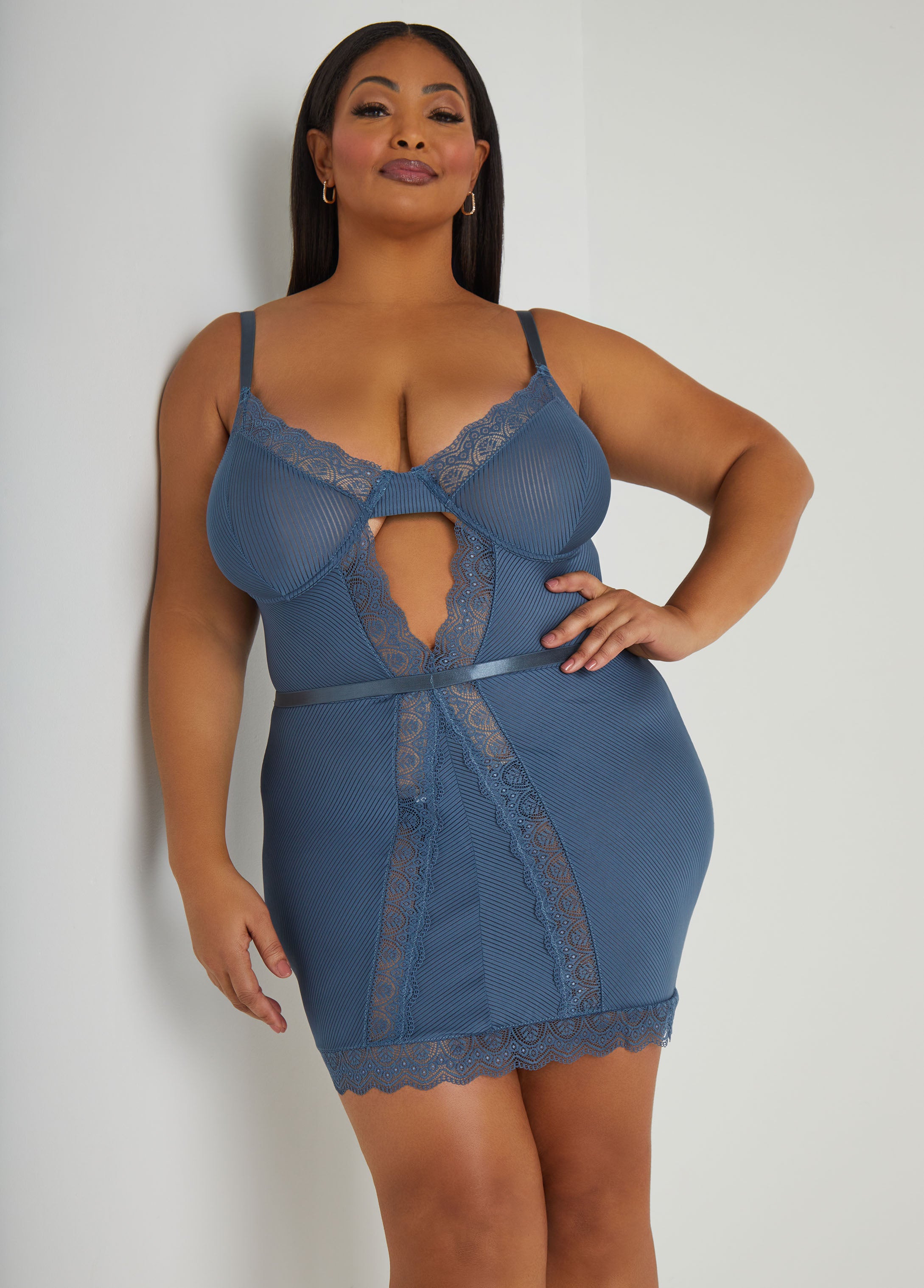 Plus Size Lace Trimmed Striped Babydoll Set