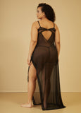 Lace Paneled Mesh Gown Set