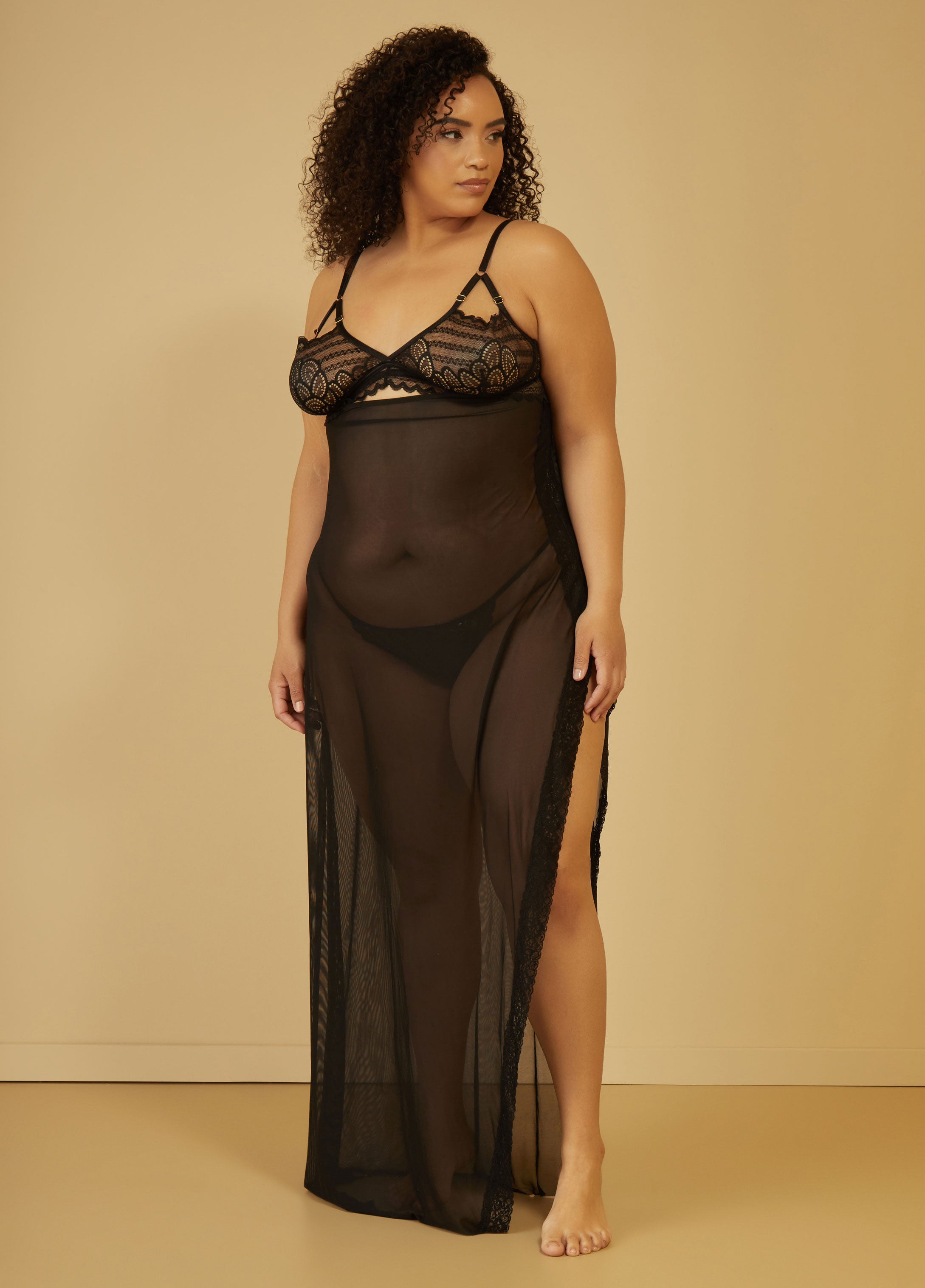 Plus Size Sexy Lingerie Lace Mesh Split Nightgown Thong Set