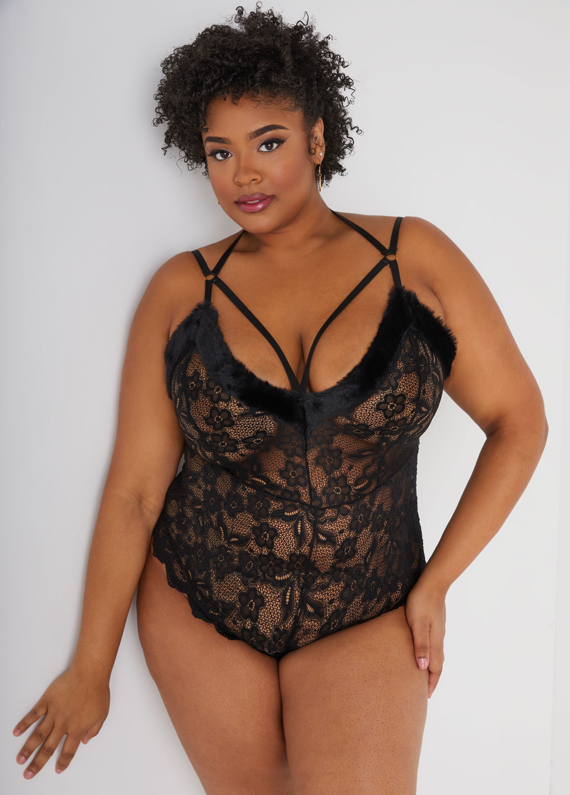 Plus Size Sexy Lingerie Fur Trimmed Lace Crotchless Bodysuit