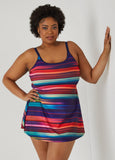 Plus Size Swimwear Noon Swim Striped Tummy Control Swimdress