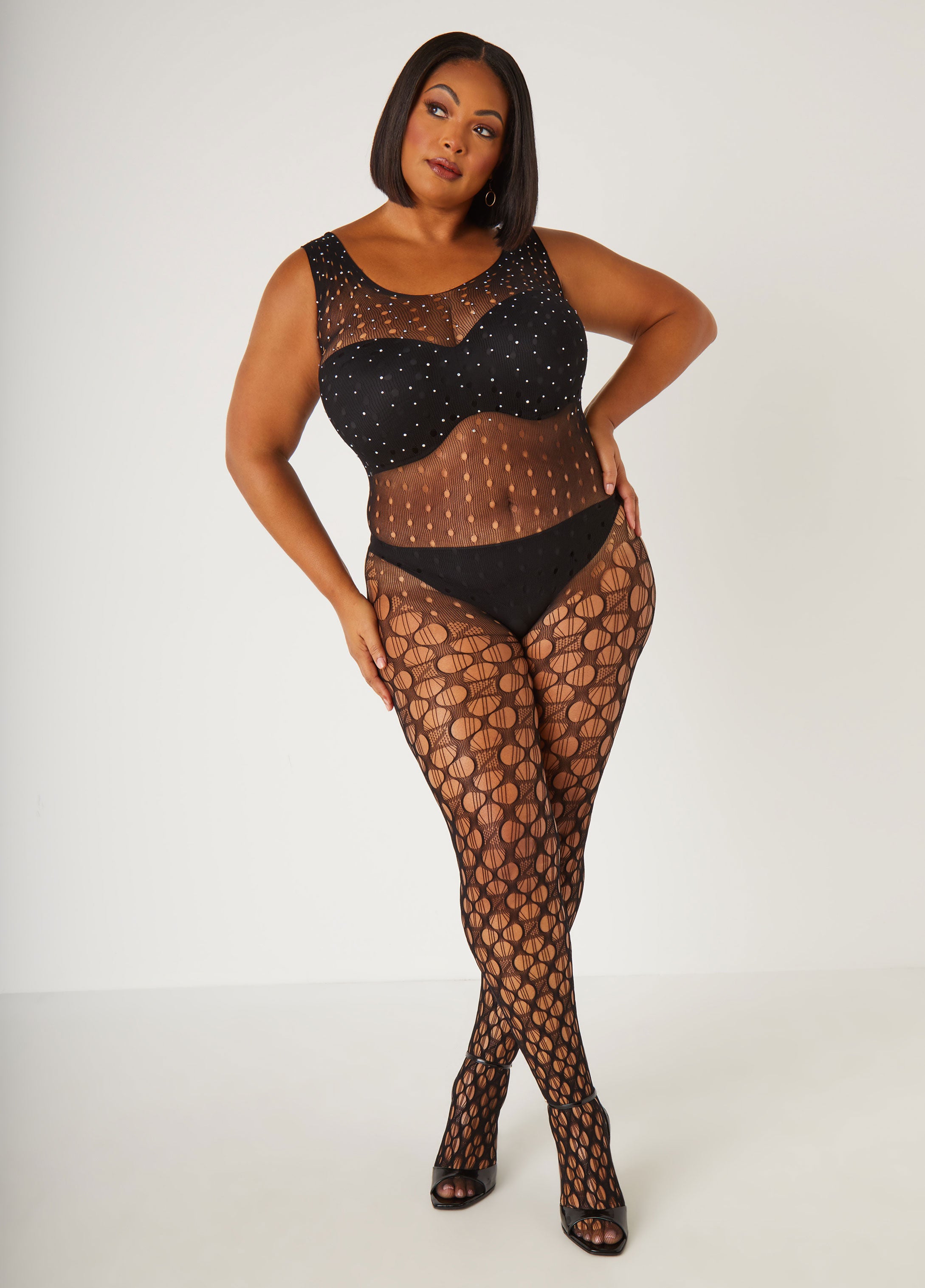 Plus Size Crystal Bodystocking Sexy Lingerie Plus Size Crotchless Catsuit