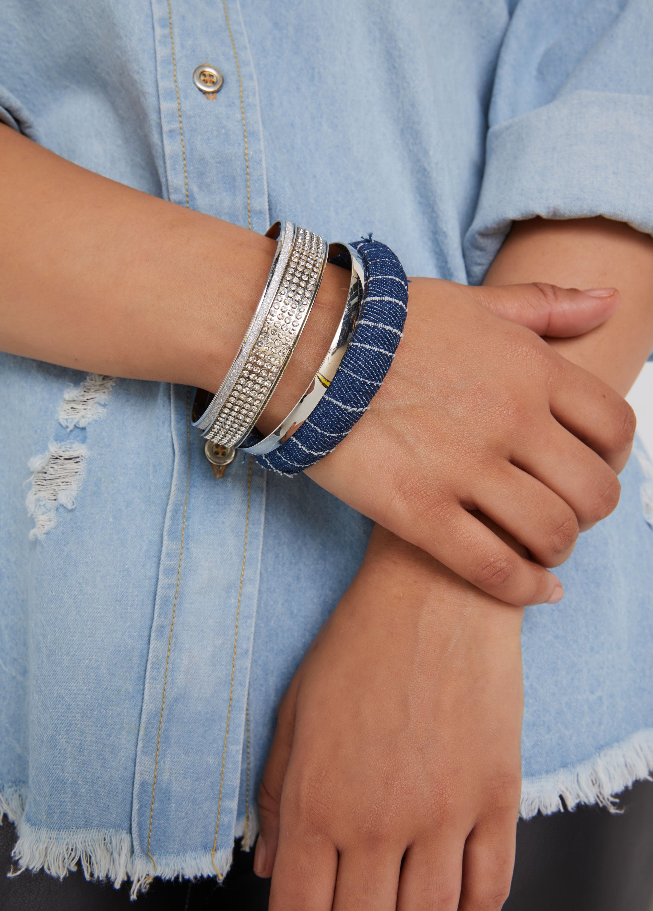 Statement Silver Denim Four Bangle Set Bracelets Fashion Jewelry